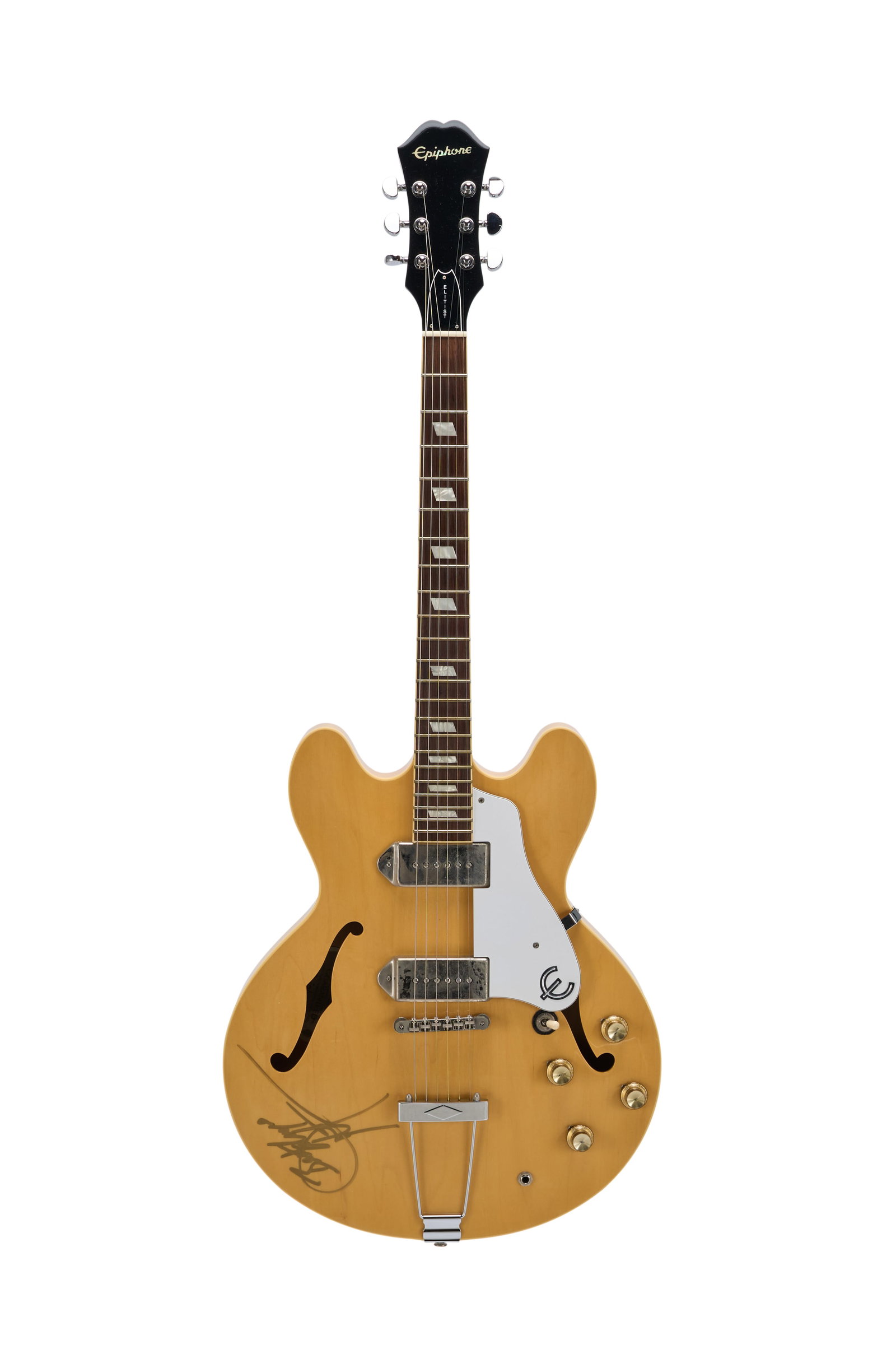 Dwight Yoakam | Signed Epiphone Elitist 1965 Casino Natural: An Epiphone Elitist 1965 Casino hollowbody electric guitar serial #T139405 in natural finish and signed in gold pen by country music legend Dwight Yoakam. The Epiphone Elitist 1965 Casino features a 2