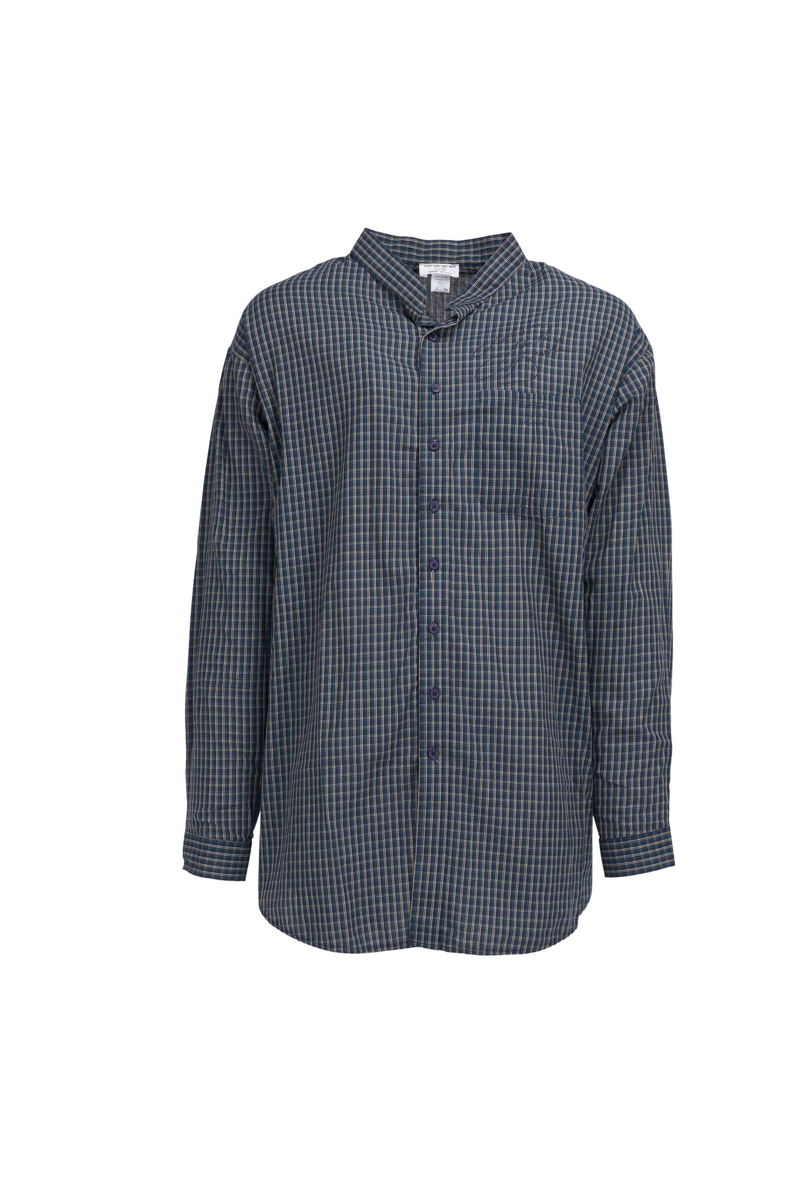 Garth Brooks | Signed Shirt: A blue, green, and cream plaid button-down shirt, signed by Garth Brooks in black sharpie on the front. The original owner purchased this shirt at a charity sale in 1997 to benefit Hunters Bend 
