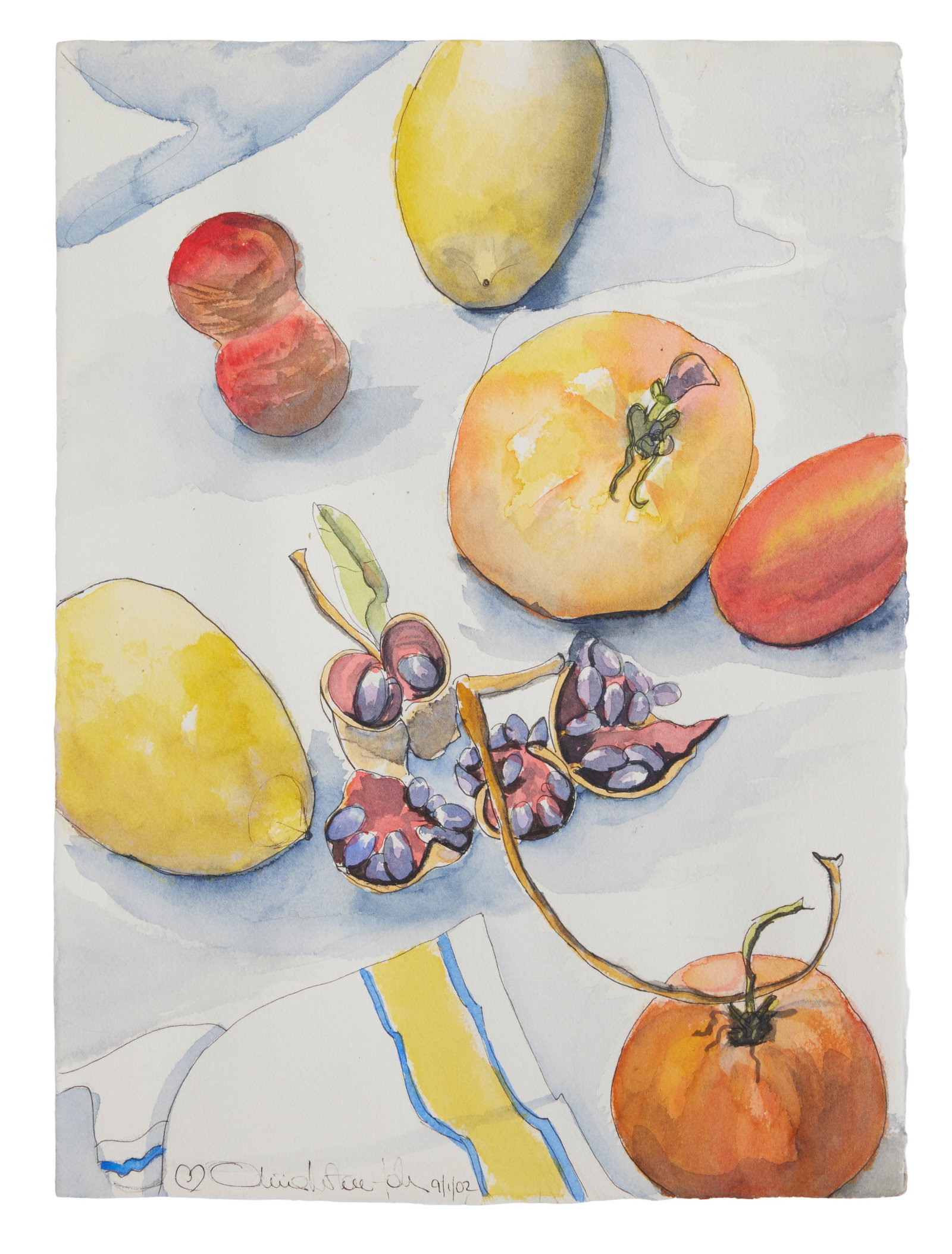Olivia Newton-John | 2002 Still Life Watercolor Painting: A watercolor still life painting of fruits and vegetables by Olivia Newton-John, signed and dated 9/1/02 by here in black ink.