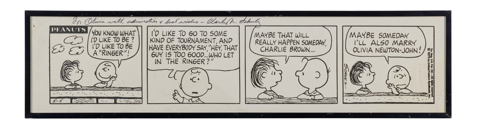 Olivia Newton-John | Charles Schulz Signed and Inscribed "Peanuts" Comic Strip: A vintage framed Peanuts comic strip, gifted to Olivia Newton-John by creator Charles M. Schulz, who has signed and inscribed the strip, "To Olivia with admiration & best wishes" in black marker. In t