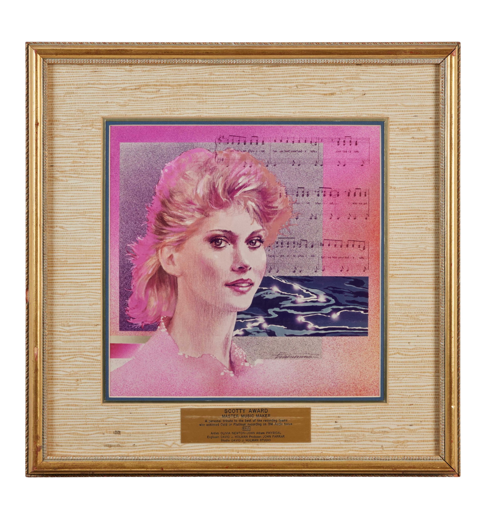 Olivia Newton-John | Scotty 3M Award for "Physical": A framed Scotty Award honoring "Master Music Makers" for Olivia Newton-John's hit, "Physical." The award features artwork of Newton-John and a plaque which reads: "Scotty Award / Master Music