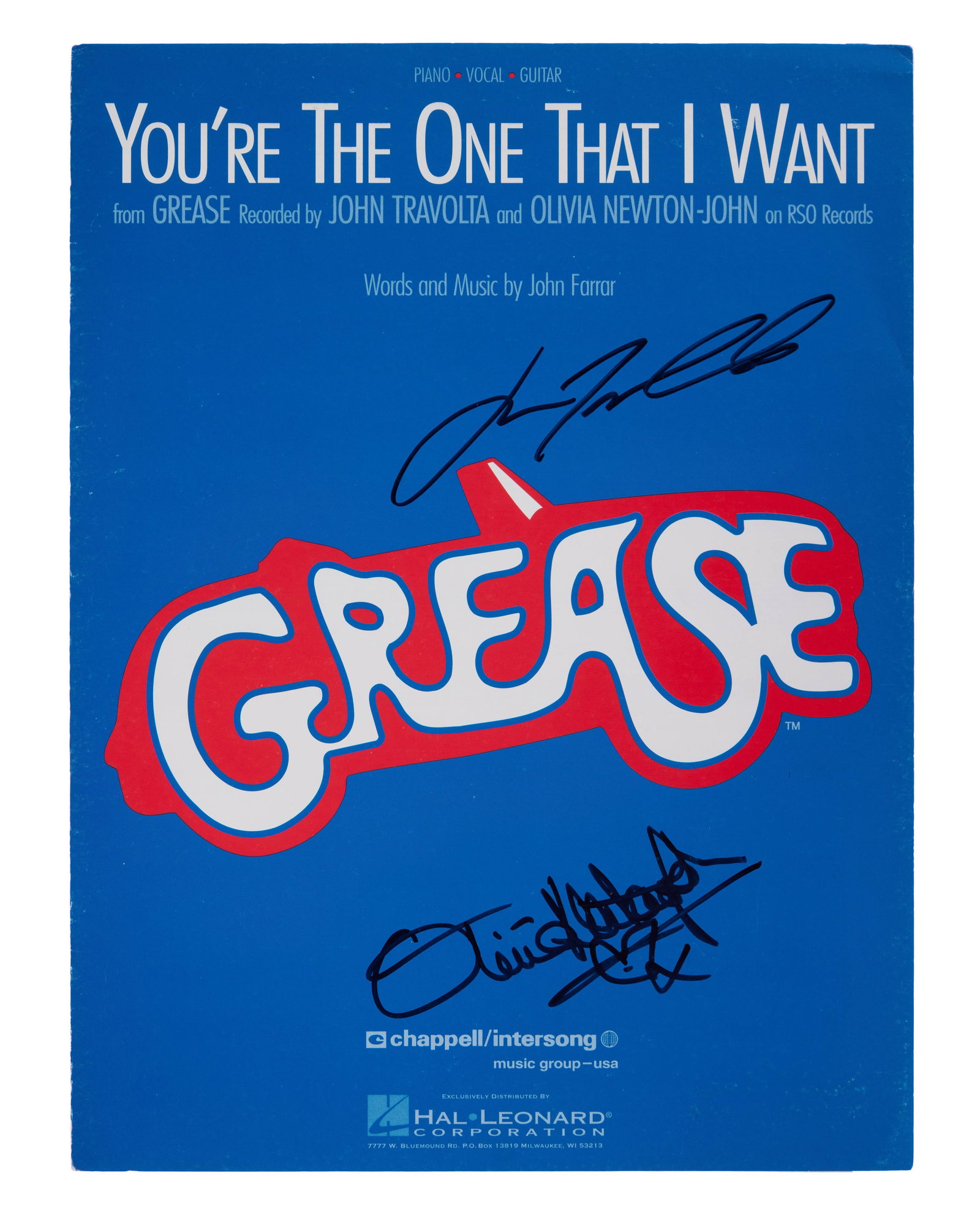 Olivia Newton-John and John Travolta | Signed "You're the One That I Want" Sheet Music: Vintage sheet music for the song, "You're The One That I Want," from the 1978 movie musical, Grease, signed to the cover in black marker by Olivia Newton-John and John Travolta