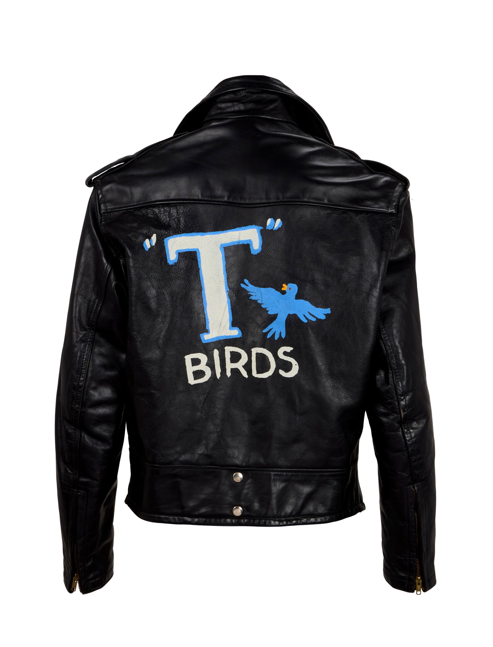 John Travolta | T-Birds Style Motorcycle Jacket Gifted to RSO Records Executive Jan Landy: A black leather motorcycle jacket in the style of the ones worn by John Travolta and the T-Birds in the motion picture Grease (Paramount, 1978), gifted from Travolta to RSO Records executive Jan