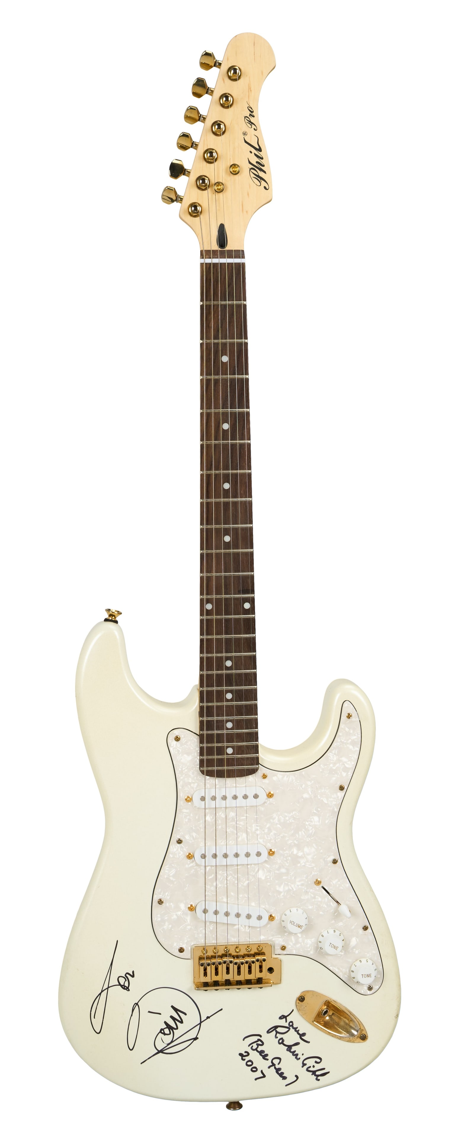 Robin Gibb | Signed Phil Pro Electric Guitar, White Sparkle: A Phil Pro electric guitar in white sparkle finish with a white pearloid pickguard signed by Robin Gibb of Bee Gees in black felt tip pen. ?It features a 25.5 inch scale length maple neck with a 22 fr