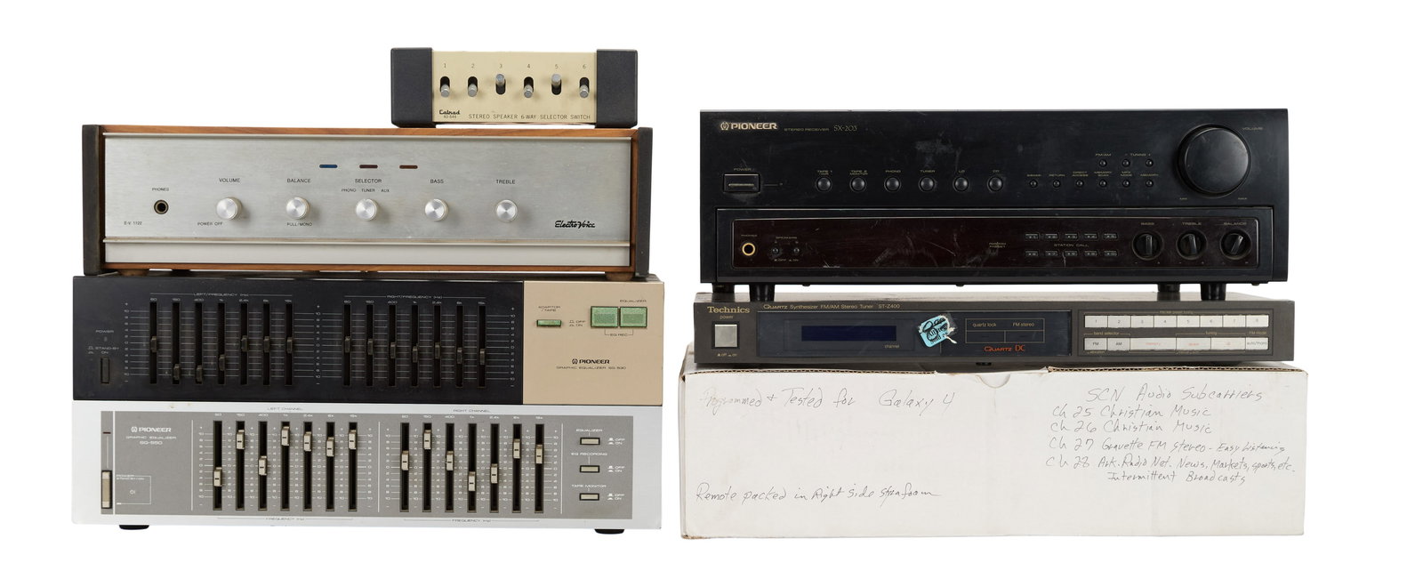 Alexander Dumble | Owned and Used Group of Home Stereo Components Including a Dumble Modified: A group of seven home stereo components including an Electro Voice Receiver showing etchings and modifications from A. Dumble. Also included are amplifiers inscribed on the back by Dumble Note: