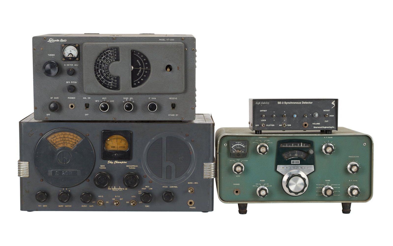 Alexander Dumble | Owned and Used group of HAM Radio Equipment: A Lot of four Ham Radio components, including two vintage receivers and one newer switcher Note: All pieces are "as found" in Dumble's residence, shop and/or storage and may be in non-working order