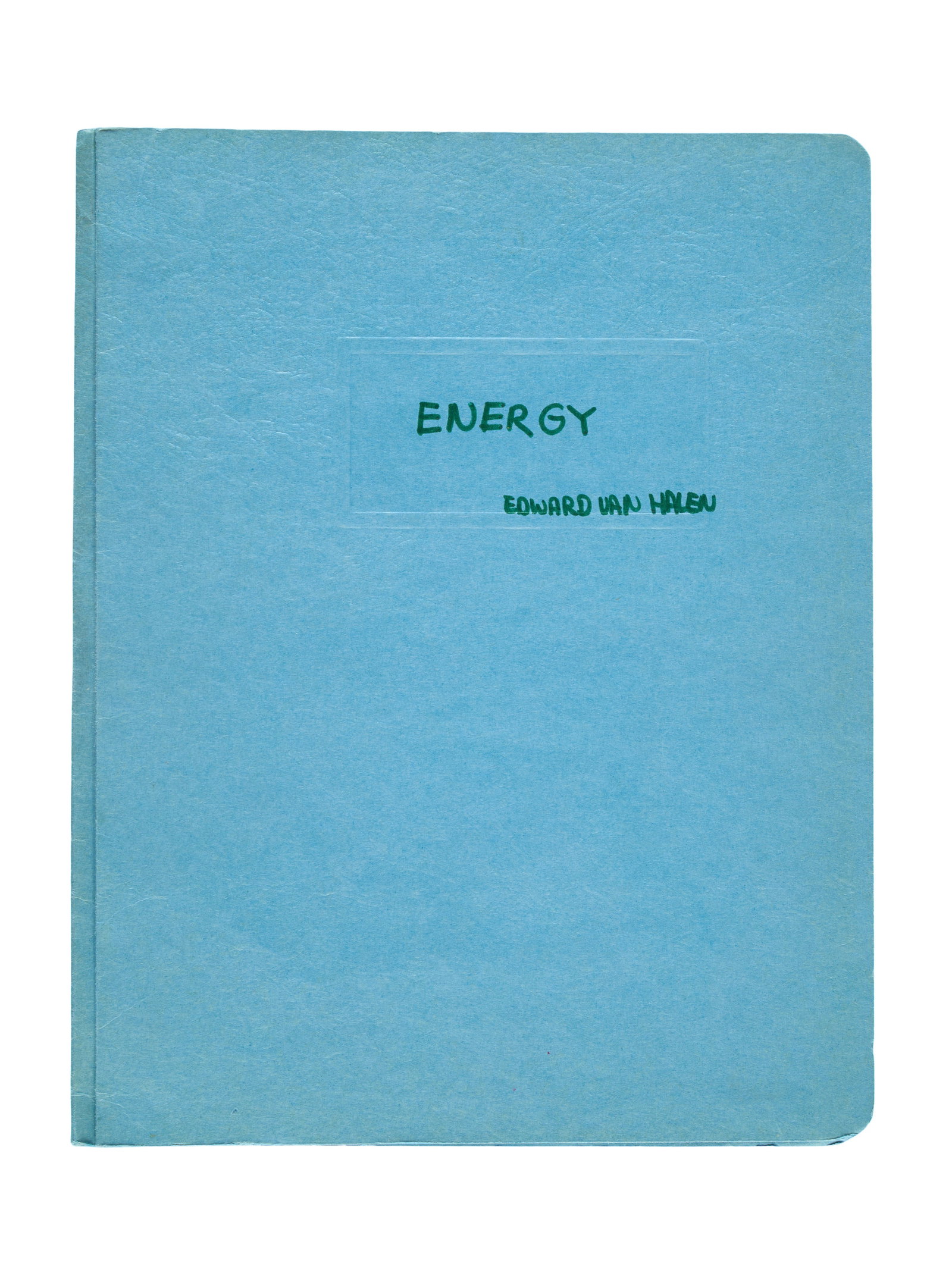 Eddie Van Halen | 1969 School Homework Assignment: A homework assignment entitled "Energy," typewritten by Eddie Van Halen in 1969. The assignment is housed in a blue folder and features comments by the teacher in red ink. Eddie received a "100"
