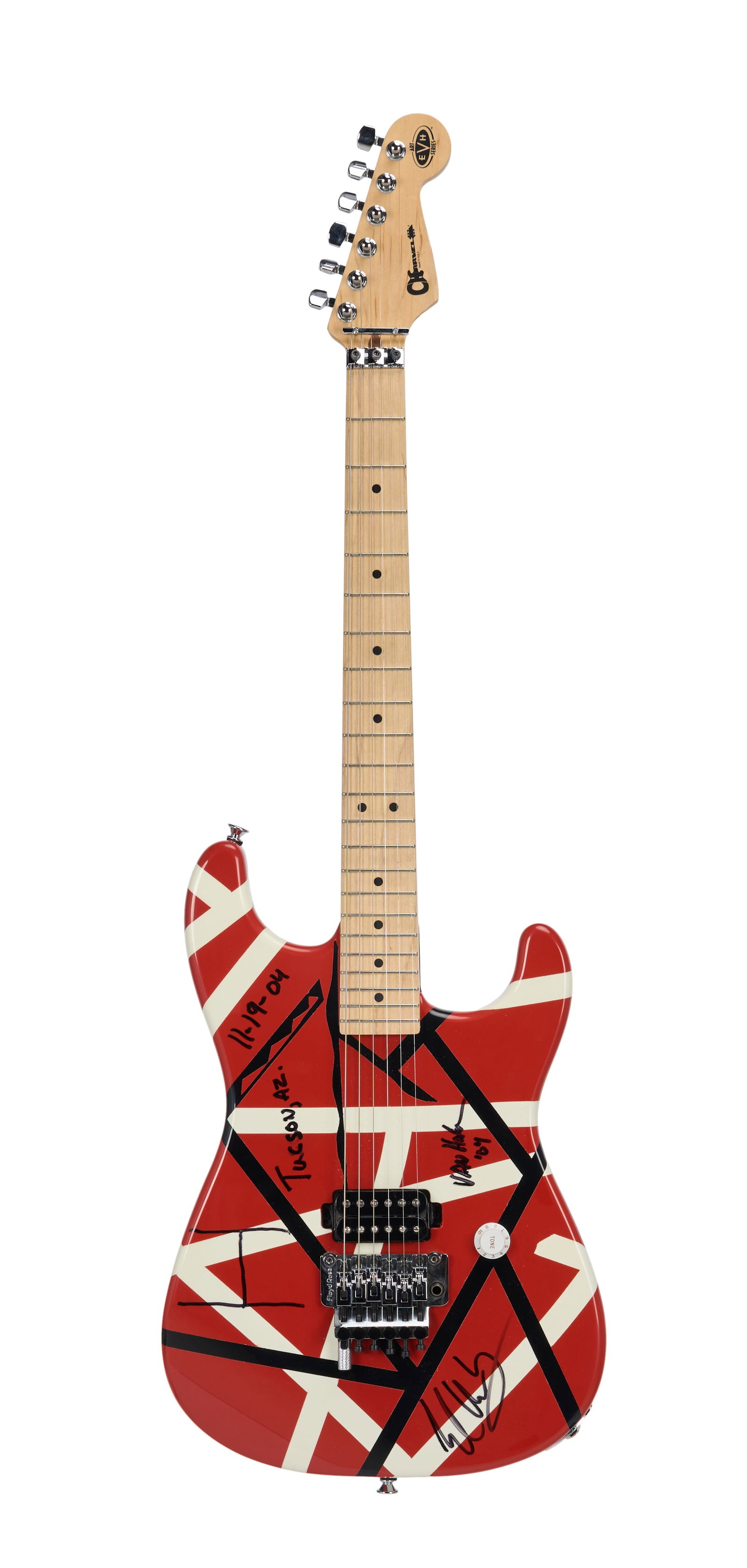 Eddie Van Halen | Personally Striped and Stage Played Charvel Art Series Guitar 076 from Last: A stage played c.2003 Charvel EVH Art Series electric guitar, #00076, in Frankenstein Mk II style red finish with black and white stripes. Hand signed and stage played by Eddie Van Halen in concert