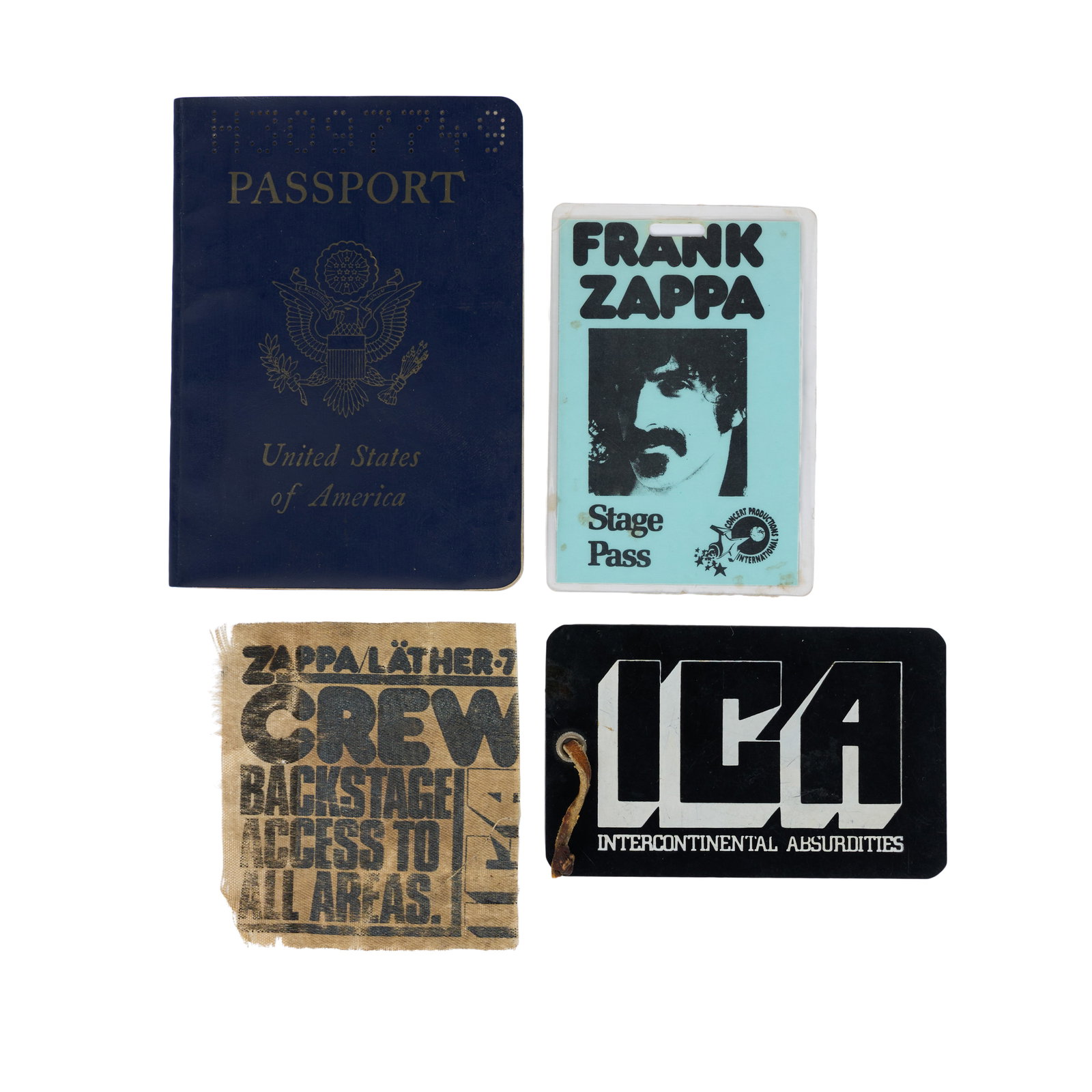 Ed Mann | 1978-1982 Passport, ICA Tag, and Zappa Stage Passes: A collection of Zappa percussionist Ed Mann's essential tour items, c. 1978-1982. Included: his passport with stamps from extensively touring with Frank Zappa during the era, his ICA luggage tag, a