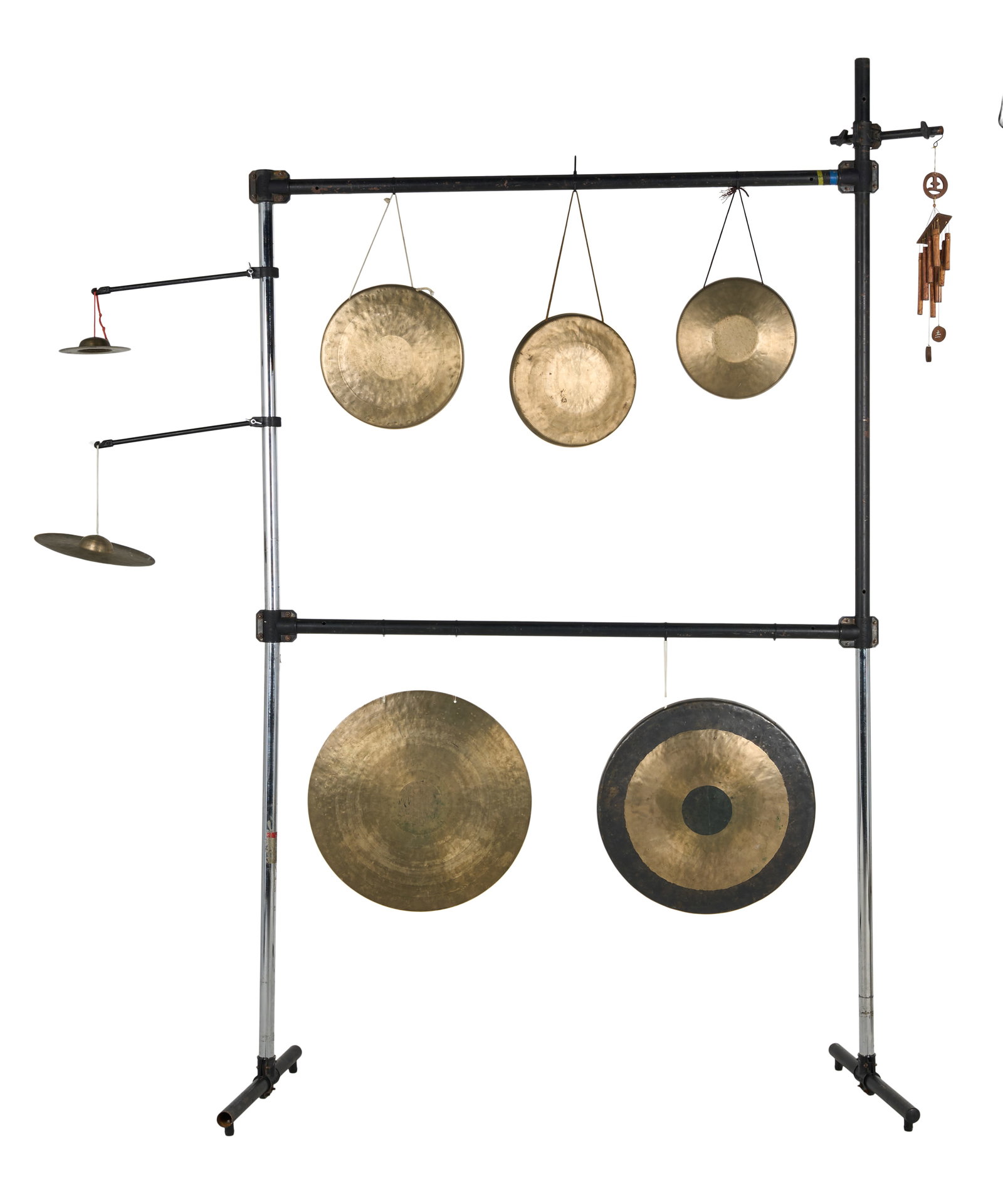 Ed Mann | Zappa Stage Used Wuhan Gong Collection with Rack: This gong set up belonged to Ed Mann, Frank Zappa's percussionist from 1977 to 1988 and features five gongs, a set of wooden wind chimes, two additional bells, a mallet, and two small road cases. This