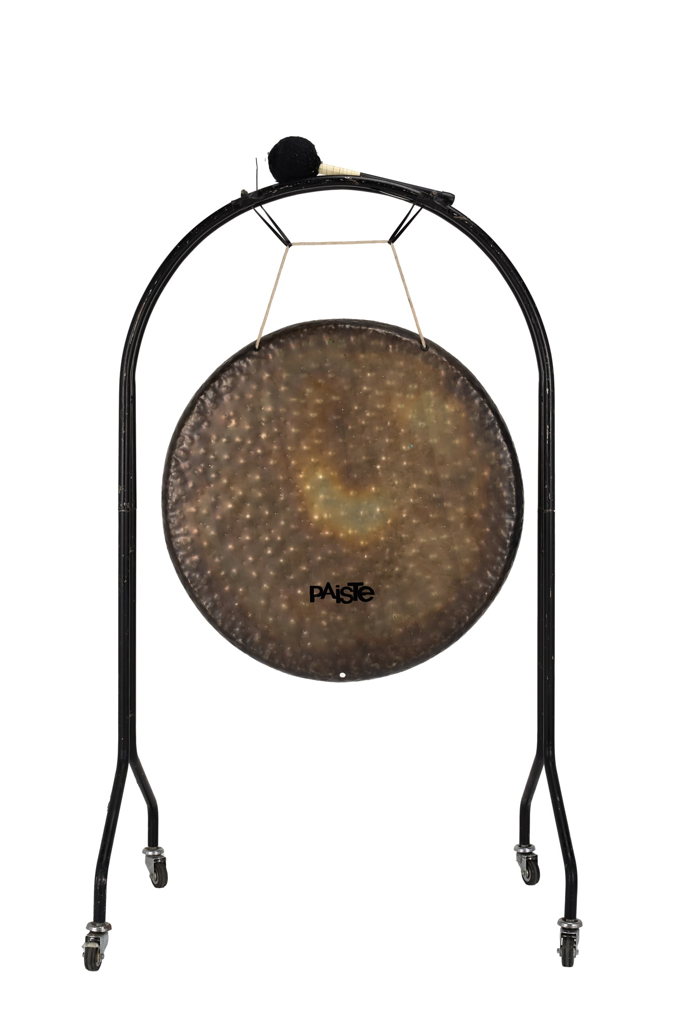 Ed Mann | 1988 32" Paiste Sound Creation Gong Earth 3A with Arched Stand, Mallet, and Advertisement: A 32" Paiste Sound Creation Earth Gong with black arched rolling gong stand and large black mallet used and owned by Frank Zappa drummer Ed Mann. This gong was handcrafted in Germany in 1988 by Paiste