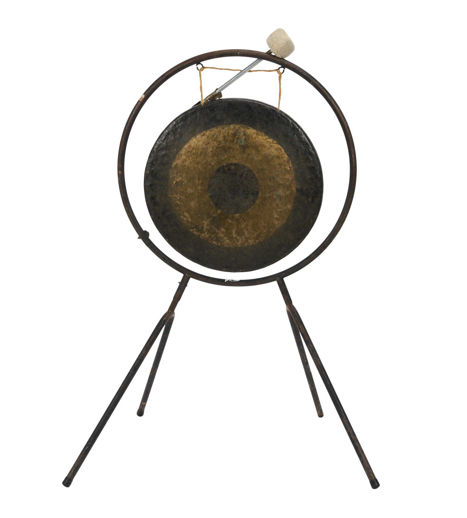 Ed Mann | "Frank's Drum Shop" Wuhan Gong with Stand, Mallet, and Magazine: A 24" Vintage Wuhan gong and gong stand belonging to Ed Mann, percussionist for Frank Zappa from 1977 to 1988, with "Franks's Drum Shop" spray-painted in red (signifying that it was purchased at the