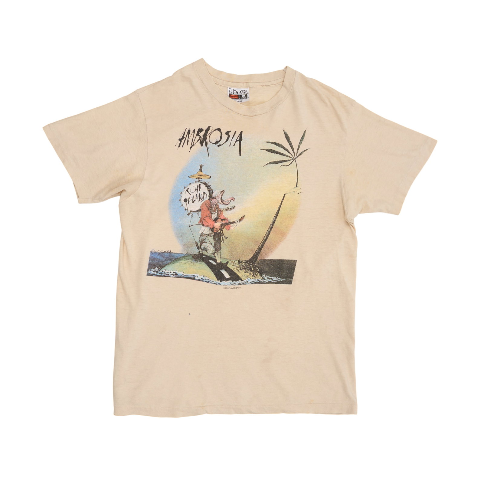 Ed Mann | Ambrosia T-Shirt, Christmas Card, and Records: An original 1982 Ambrosia Road Island tee (Size Medium) with a personalized Christmas card signed to Frank Zappa percussionist Ed Mann. Together with Ambrosia's self-titled record and Ambrosia's Road