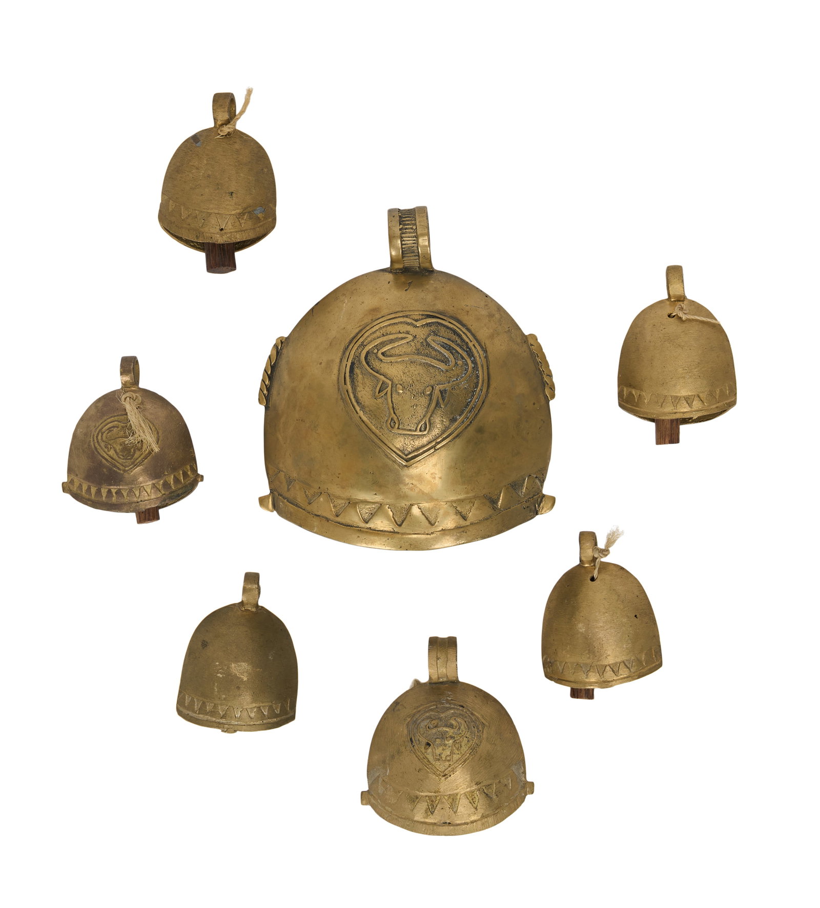 Ed Mann | Indonesian Cowbells: A set of 7 Indonesian Cowbells owned and used by Frank Zappa's percussionist Ed Mann. These bells are vintage, all play a different pitch, and in great shape. Bells range in size: One large 6"