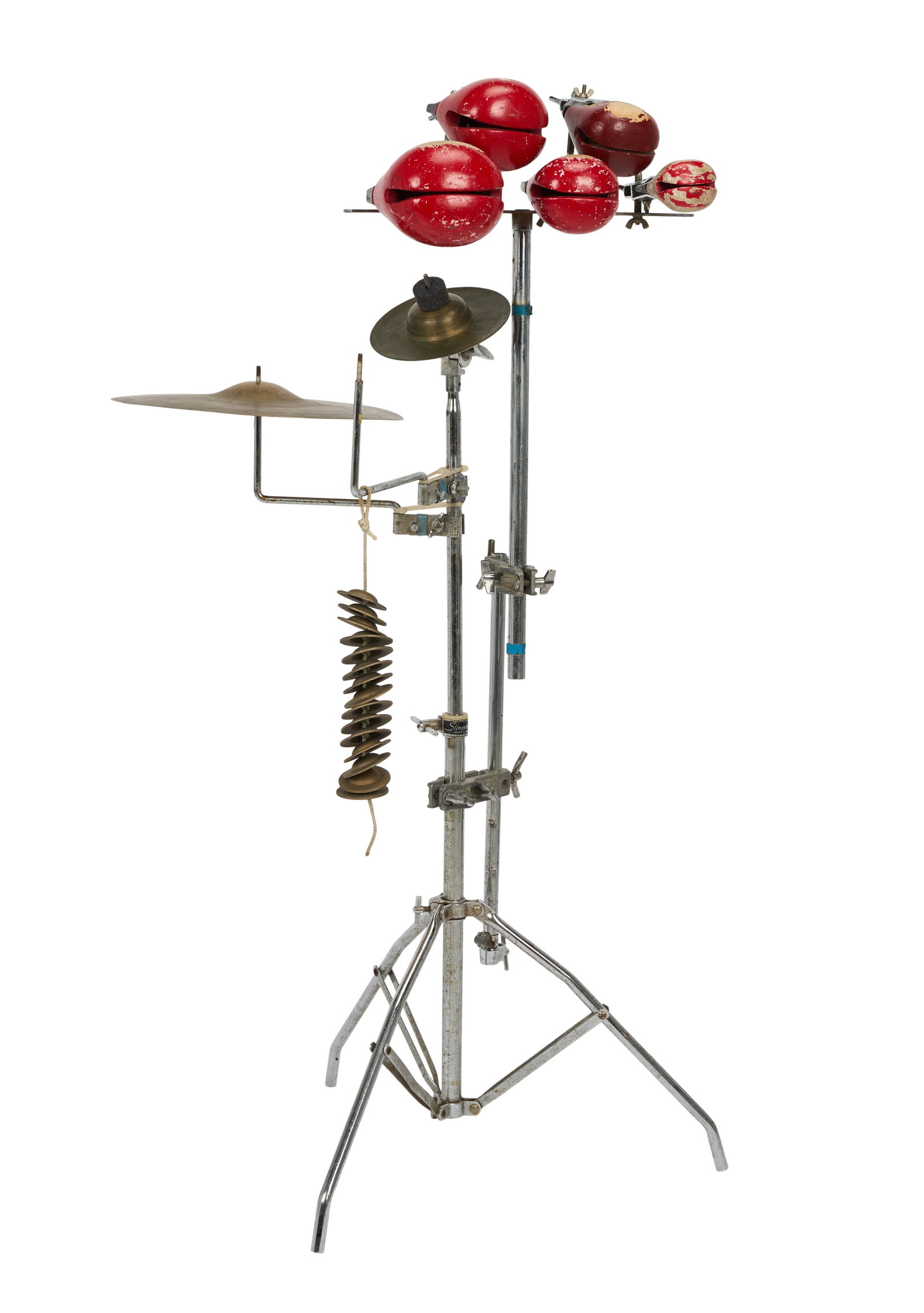 Ed Mann | Percussion Lot with Mokugyo Blocks, Stand, Cymbal, Bell, and Chimes: Vintage Japanese Mokugyo wood blocks, vintage 14" Italian-made cymbal, vintage 10" chimes, 7" 1970s Wuhan bell, and Slingerland stand with additional clamps and mounts that belonged to Ed Mann, the