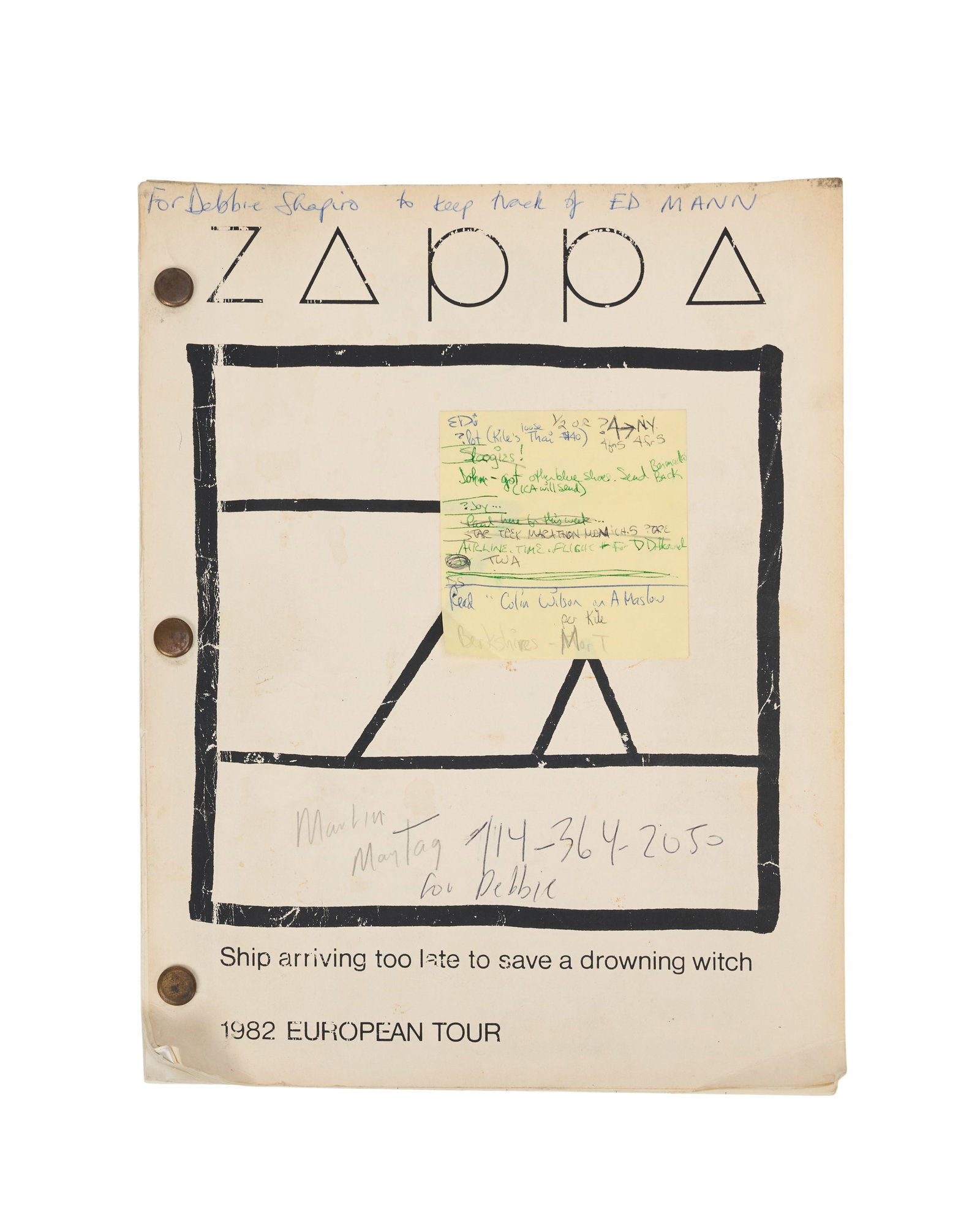 Ed Mann | Frank Zappa Set List Fax, Tour Itinerary, and Pass: These documents come from the collection of Ed Mann, long time percussionist for Frank Zappa. Included are a fax from Frank Zappa seeking TV representation, a possible set list, Ed's 1982 European