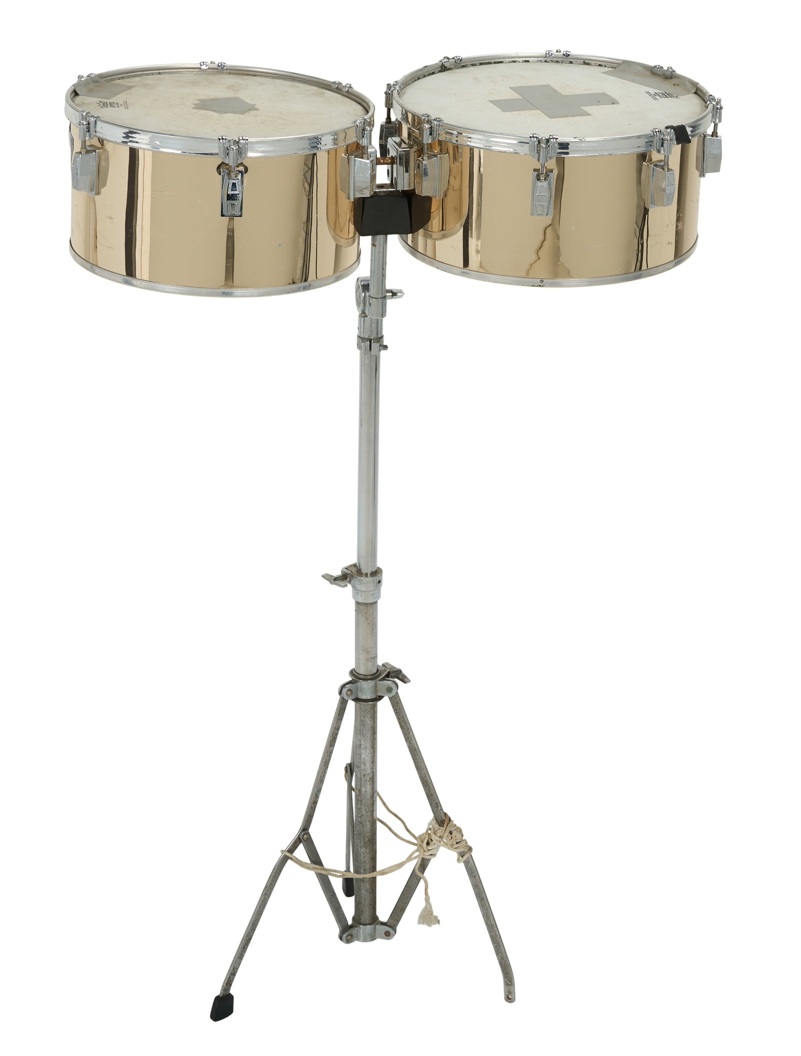 Ed Mann | 1980s Remo Timbales with Stand and Sticks: This is a pair of Remo Quadra Timbales owned and used by Frank Zappa percussionist Ed Mann. Timbales are gold and measure 13x7 and 14x7. Together with their stand, and a pair of purple Alex Acuna