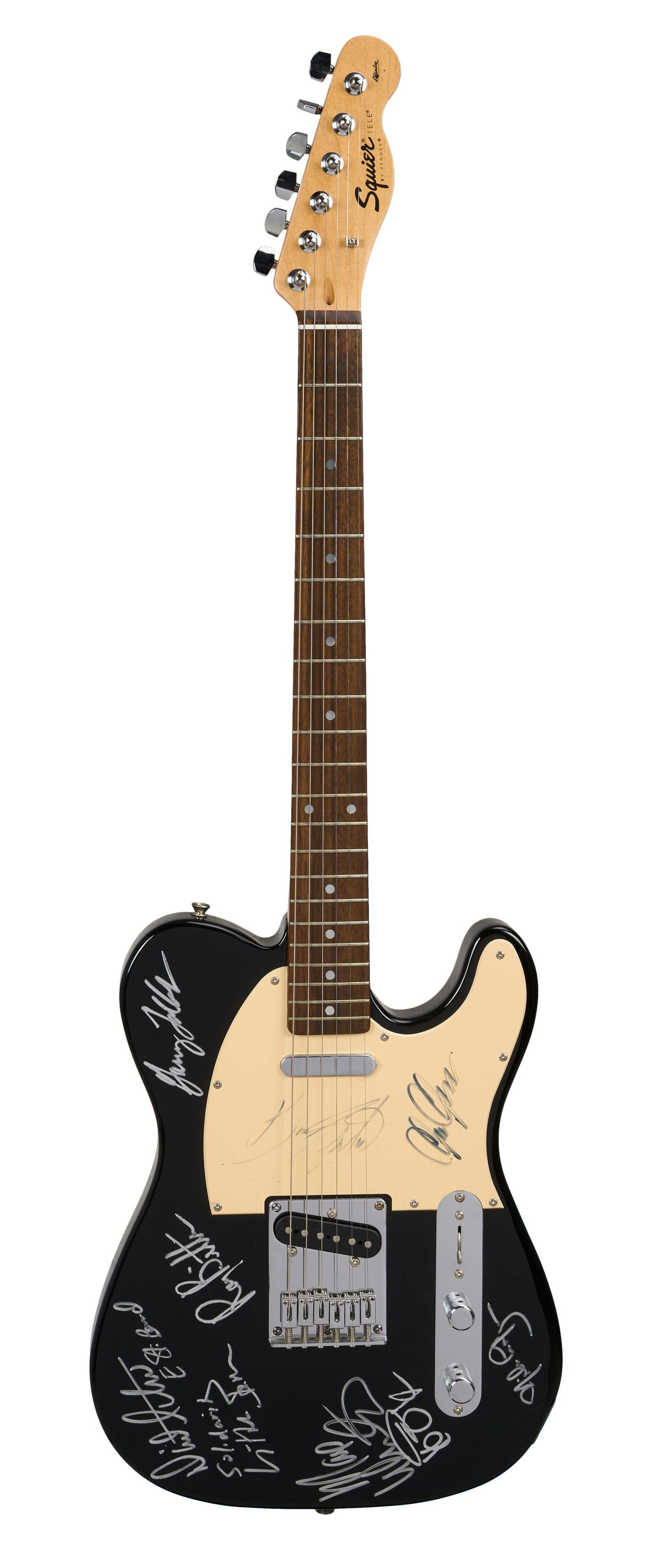 Bruce Springsteen | Springsteen and E. Street Band Signed Squier by Fender Affinity Tele Electric: A Squier by Fender Affinity Tele electric guitar, serial #CY99012782, in black finish and signed by Bruce Springsteen and members of his E. Street Band: Ray Bitten, Max Weinberg, Nils Lofgren, Little 