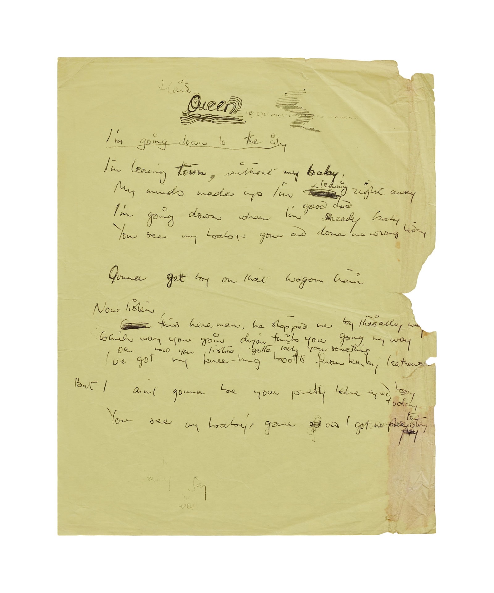 Queen | Freddie Mercury "Down In The City" 1970s Handwritten Lyrics (1 of 3)
