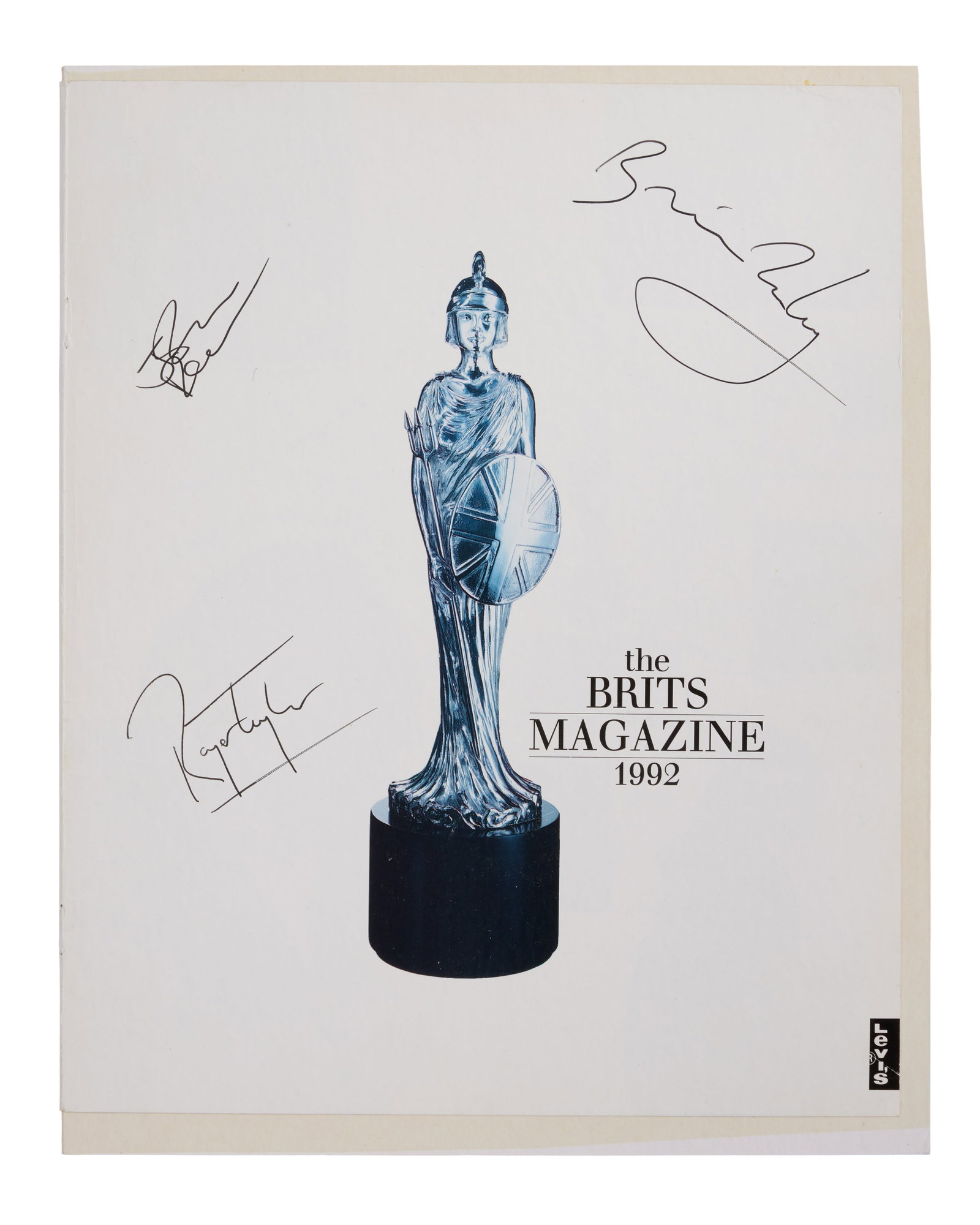 Queen | 1992 Brit Awards Magazine Page Signed by Brian May John Deacon And Roger Taylor: A page taken from a 1992 Brit Awards magazine autographed by Brian May, John Deacon and Roger Taylor of Queen. The event took place at the Odeon Theatre in London on February 12th, 1992. The group won