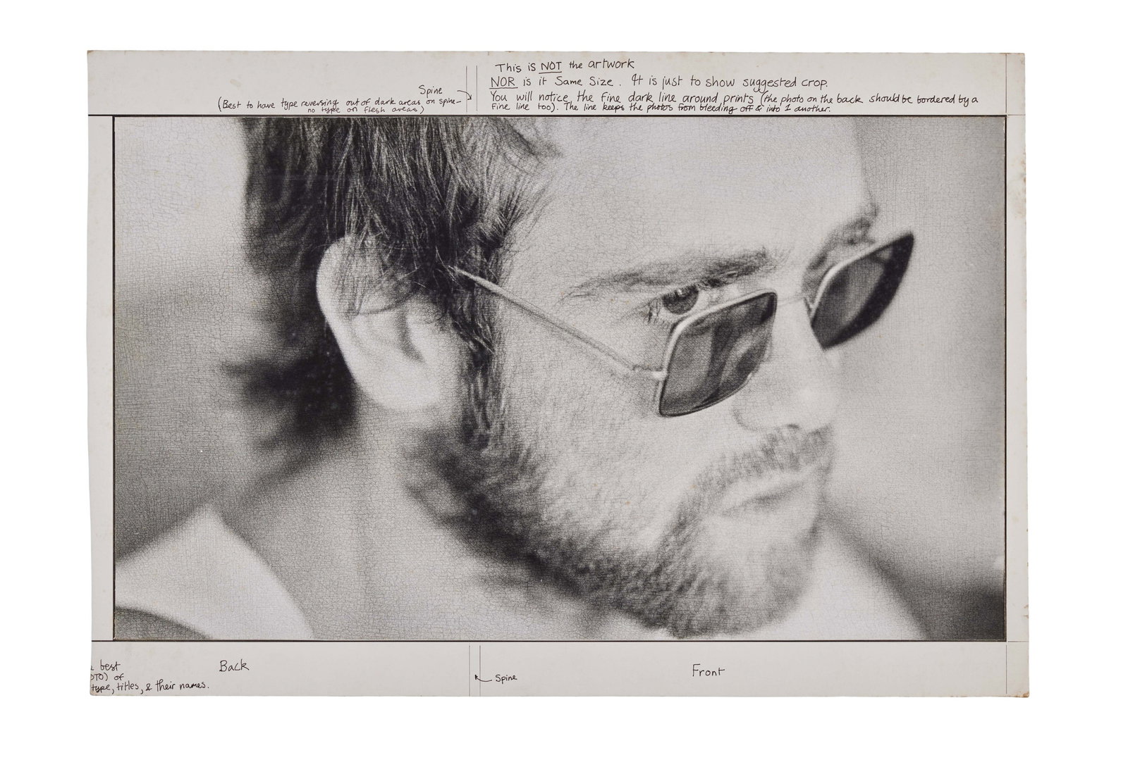 Elton John | 1972 Vintage Black And White Photograph Used For Cover Of Honky Ch?teau: A vintage black and white photograph of Elton John taken by Ed Caraeff which was used on the front of Elton's 1972 album ?Honky Ch?teau'. It is backed on to card with hand written design instructions 