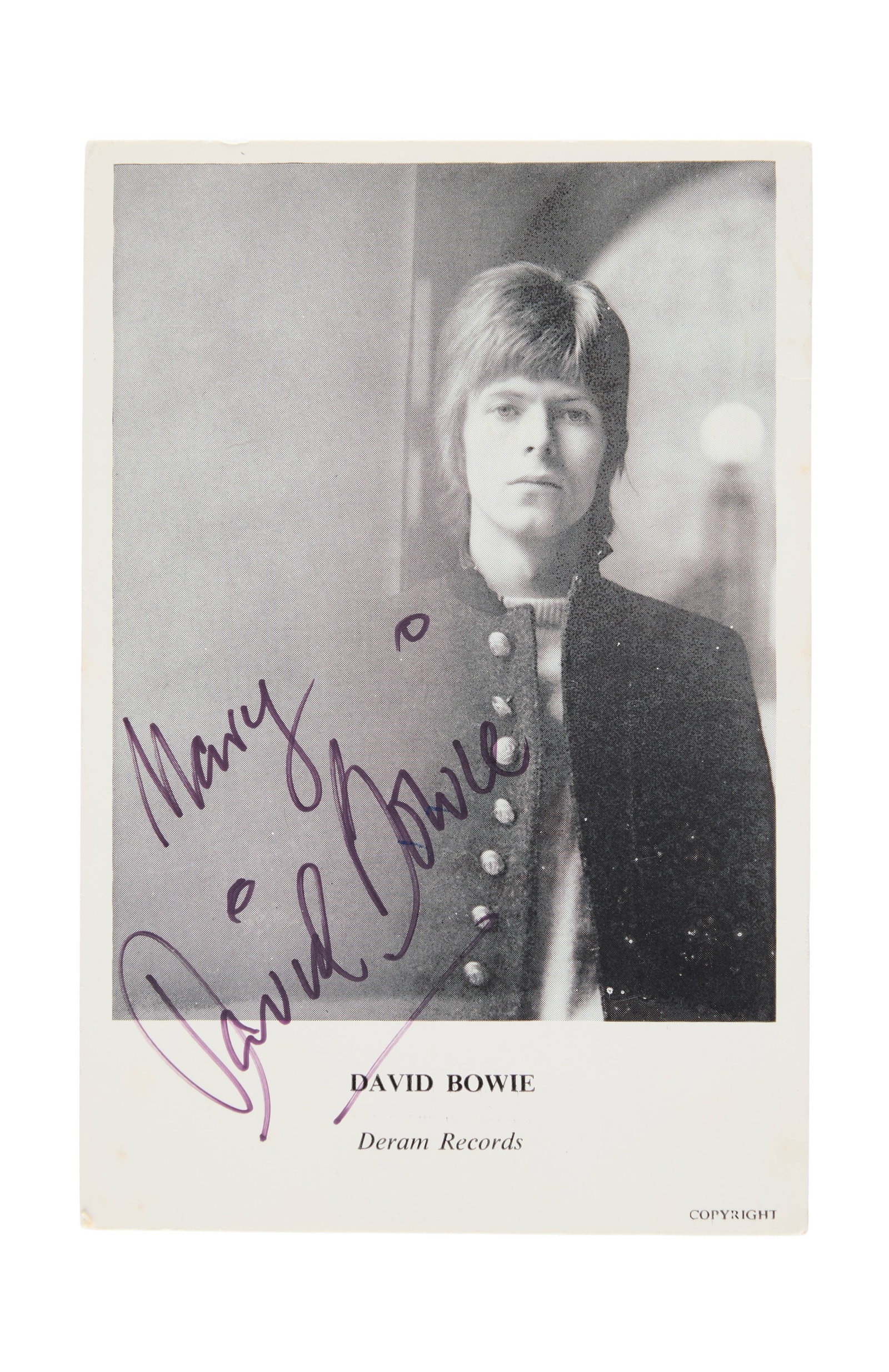 David Bowie | 1966 Full Name Signed Promo Card: A 1966 black-and-white Deram Records promotional card featuring a photo of David Bowie, signed "Mary / David Bowie" by Bowie in black marker.