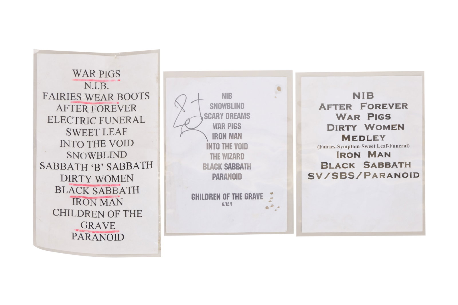 Black Sabbath | Bill Ward Signed and Additional Set Lists: Three printed setlists (one laminated), used at Black Sabbath concerts, two with notations underlining the song titles in red. One setlist is signed by Bill Ward in black marker. All include