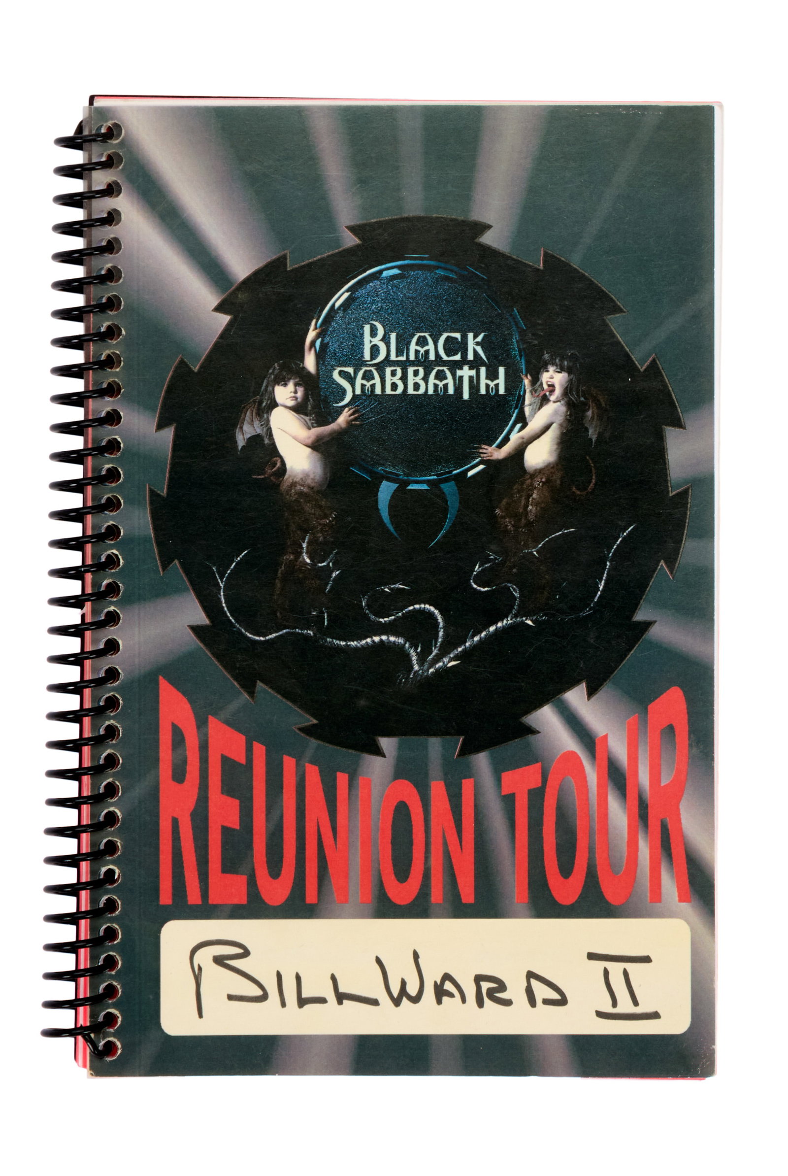 Black Sabbath | 1999 Bill Ward Tour Itinerary Book: An original 1999 spiral-bound Black Sabbath reunion tour itinerary booklet, with a large label on the front cover reading, "Bill Ward II." The booklet provides all essential information on