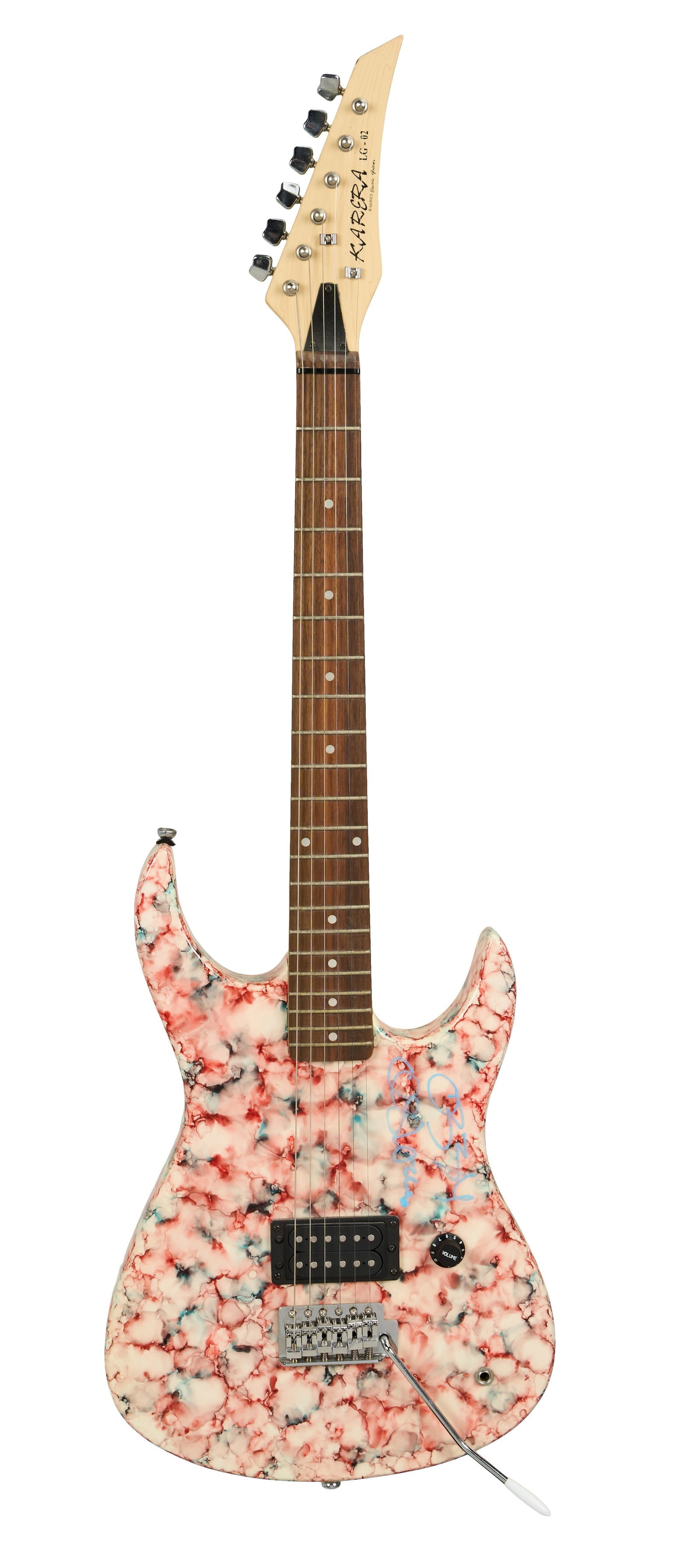 Ozzy Osbourne | Signed Karera Electric Guitar, Red White and Blue Marble Finish: A Karera electric guitar, serial #9615667, in marble red, white, and blue finish. The guitar was signed by Ozzy Osbourne backstage during the Merry Mayhem Tour on December 1st, 2001 at the Alliant