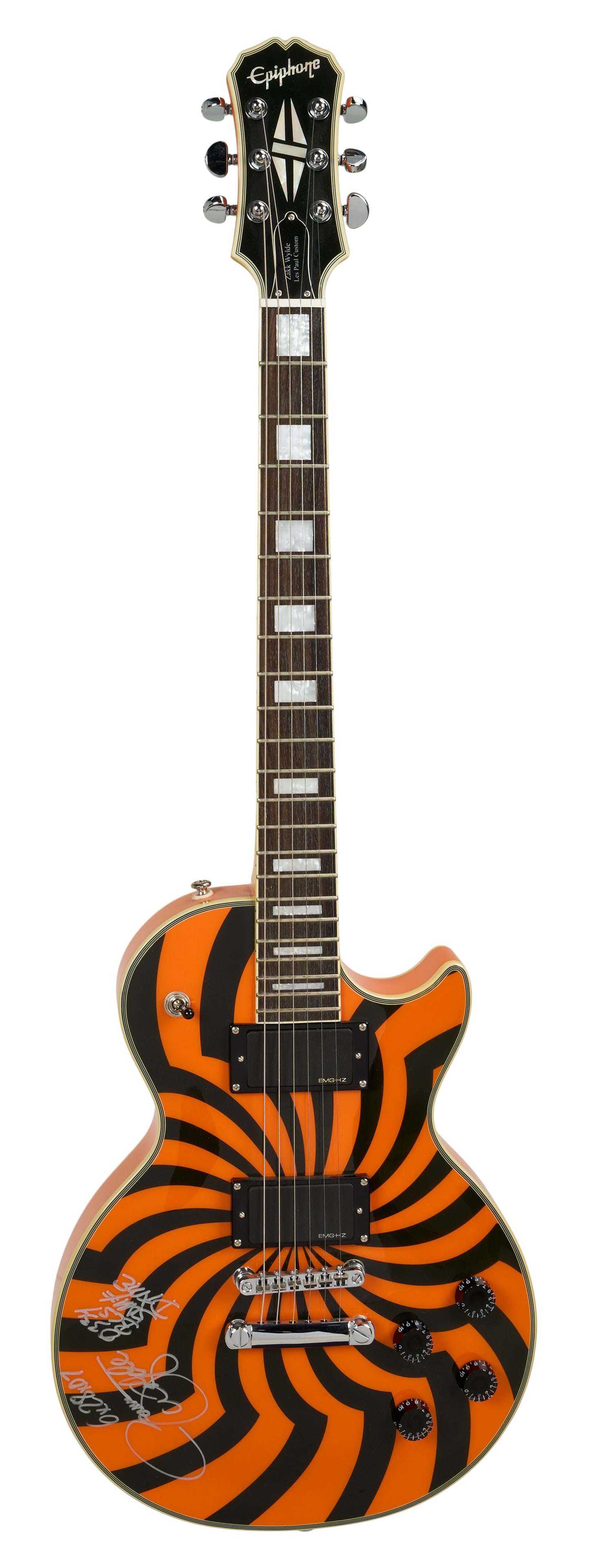 Zakk Wylde | Signed and Inscribed Epiphone Buzzsaw Les Paul Custom Signature Model Electric Guitar: An Epiphone Zakk Wylde Buzzsaw Les Paul Custom, serial #U06075042, signed and inscribed by Zakk Wylde in silver felt tip pen in Munich on June 28, 2007. The guitar features a 24.75 inch scale le