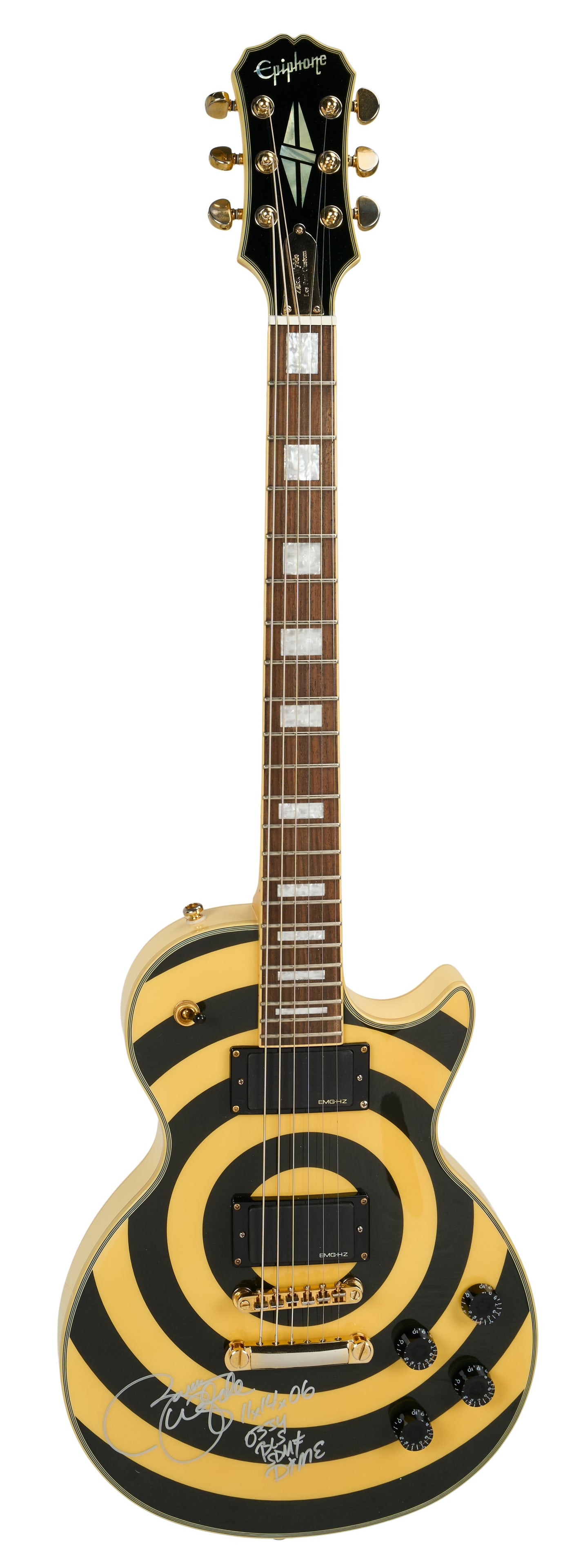 Zakk Wylde | Signed Epiphone Zakk Wylde Les Paul Custom Signature Model, Bullseye: An Epiphone Zakk Wylde Les Paul Custom electric guitar, serial #I05120303, in Bullseye finish, signed and dated 2006 in silver felt tip pen by Zakk Wylde, guitarist and frontman of Black Label Society