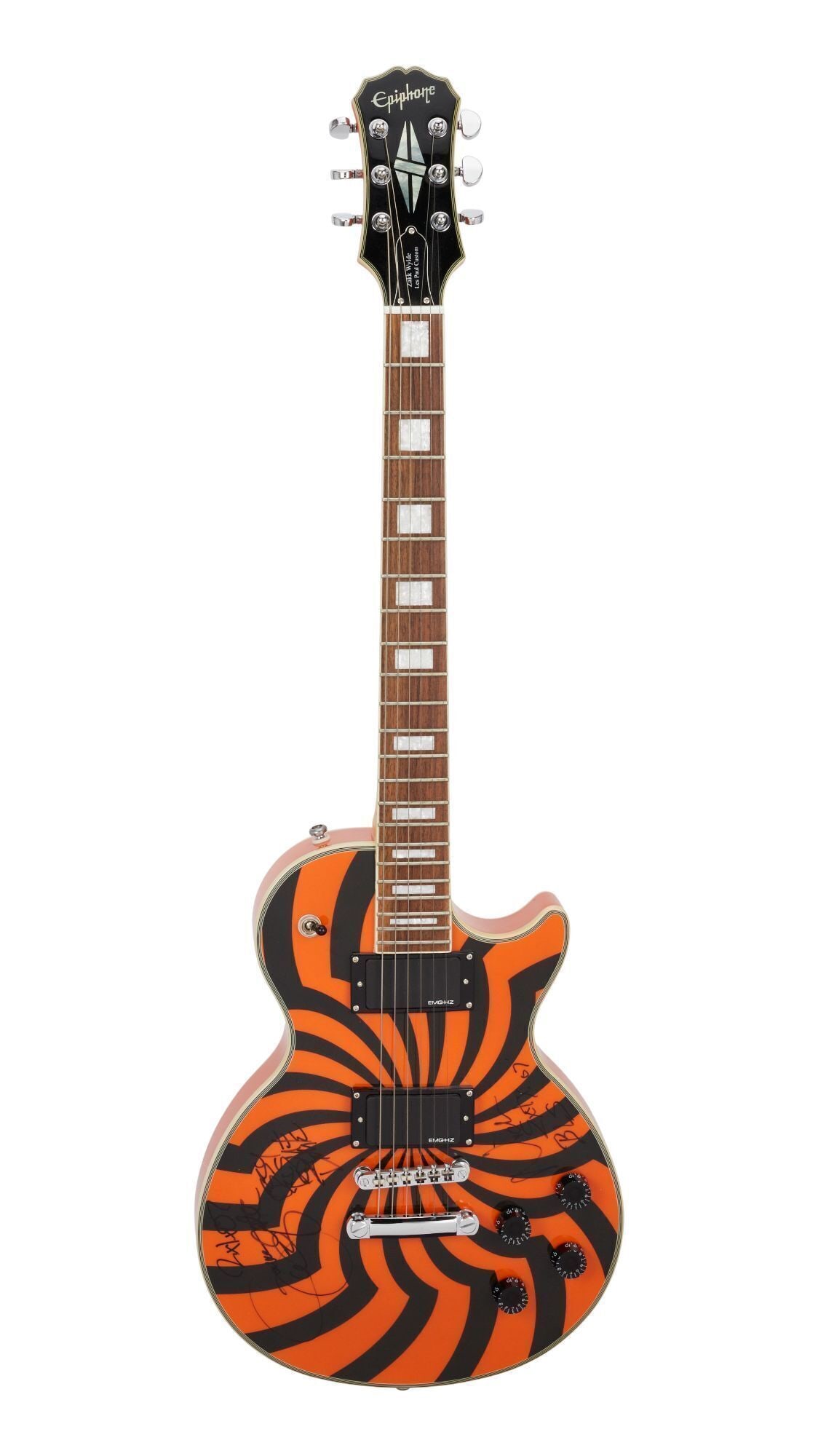 Zakk Wylde | Zakk Wylde and Nick Catanese Signed Epiphone Zakk Wylde Les Paul Custom Gifted to Ozzy: A 2005 Epiphone Zakk Wylde Signature Les Paul Custom serial #I05023131 in an eye catching orange and black Buzzsaw finish. This guitar was signed in black felt tip pen by former Ozzy guitarist and Bla