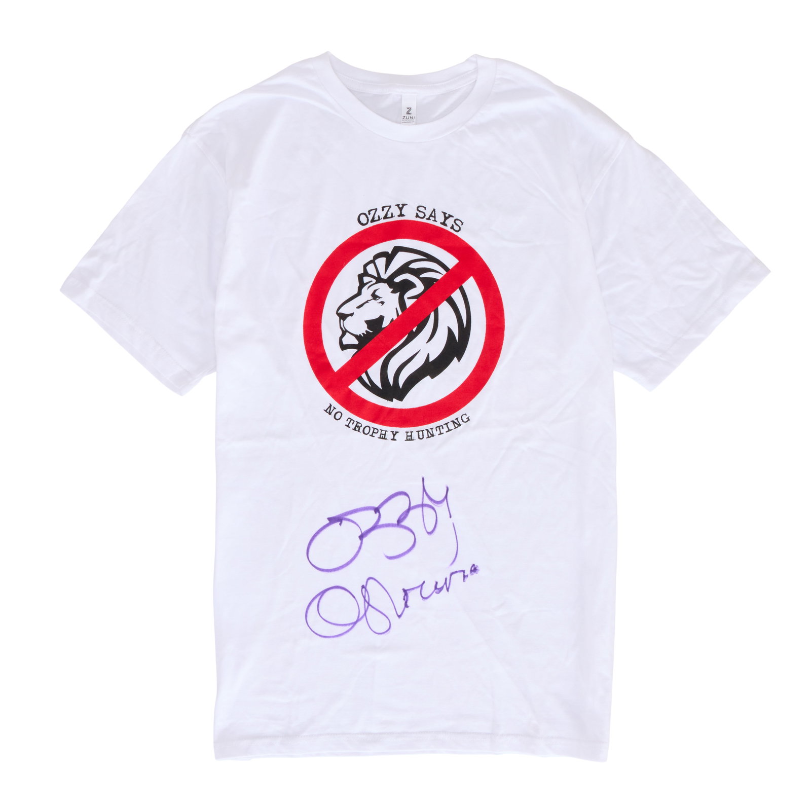 Ozzy Osbourne | Signed "Ban Trophy Hunting" T-Shirt: A size large "Ban Trophy Hunting" white t-shirt designed by Ozzy Osbourne and signed on the front in purple marker by Ozzy. Sharon and Ozzy donated the shirt to aid the charity work of Ban Trophy