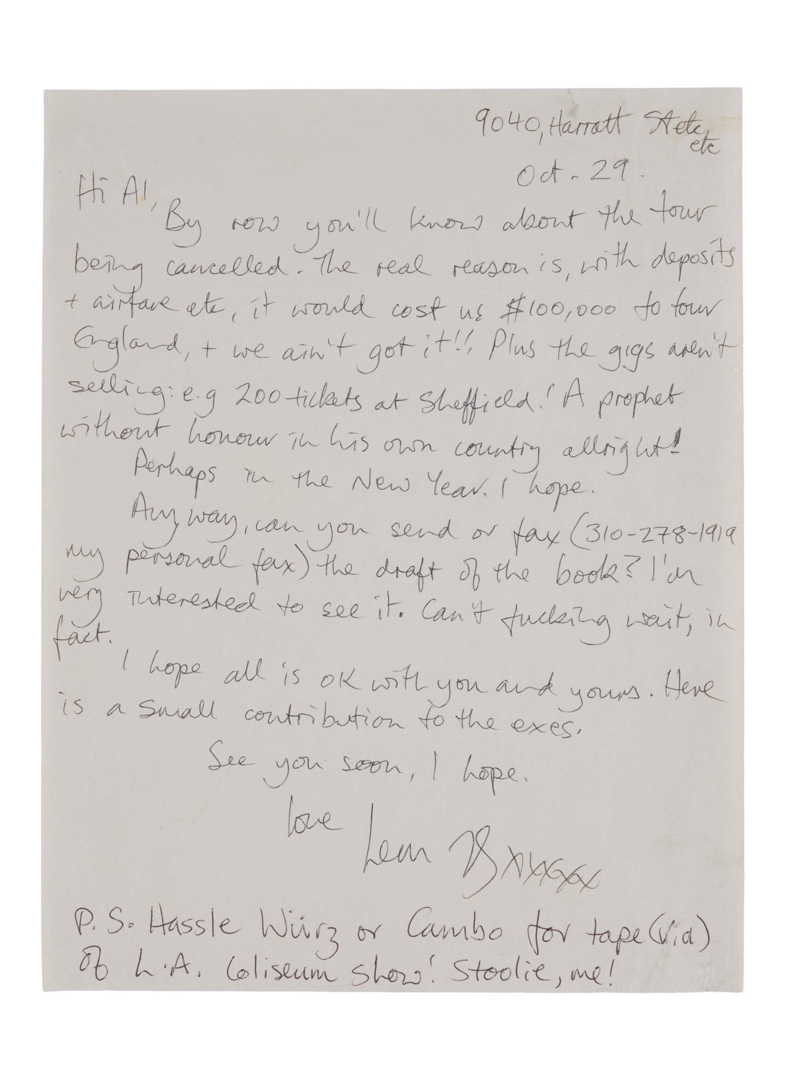 Motorhead | 1990s Lemmy Kilmister Handwritten Letter: A one page letter written by Mot?rhead frontman Lemmy Kilmister sent to Alan Burridge. The letter discusses the circumstances of a tour cancelation during the 1990s. The letter comes in the original m