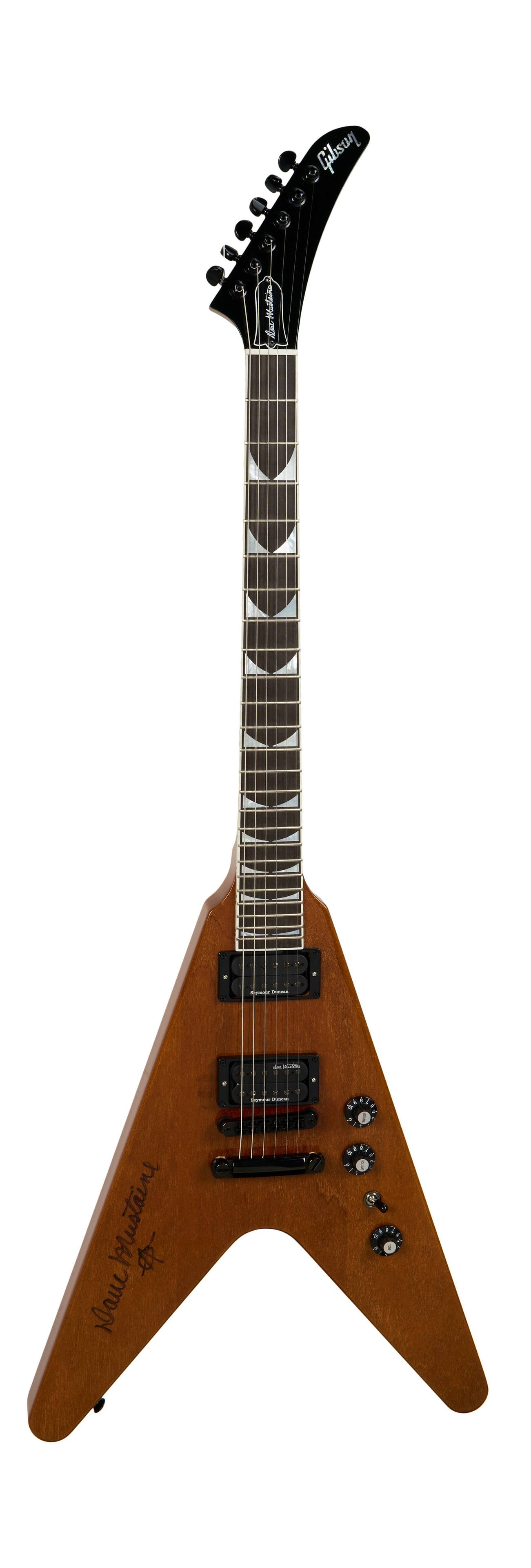 Megadeth | Dave Mustaine Stage-Played and Signed Gibson Dave Mustaine Flying V, Antique Natural: A 2022 Gibson Dave Mustaine Signature Flying V EXP electric guitar, serial #234610177, in Antique Natural finish. The guitar is stage played and hand signed by Megadeth frontman Dave Mustaine in black