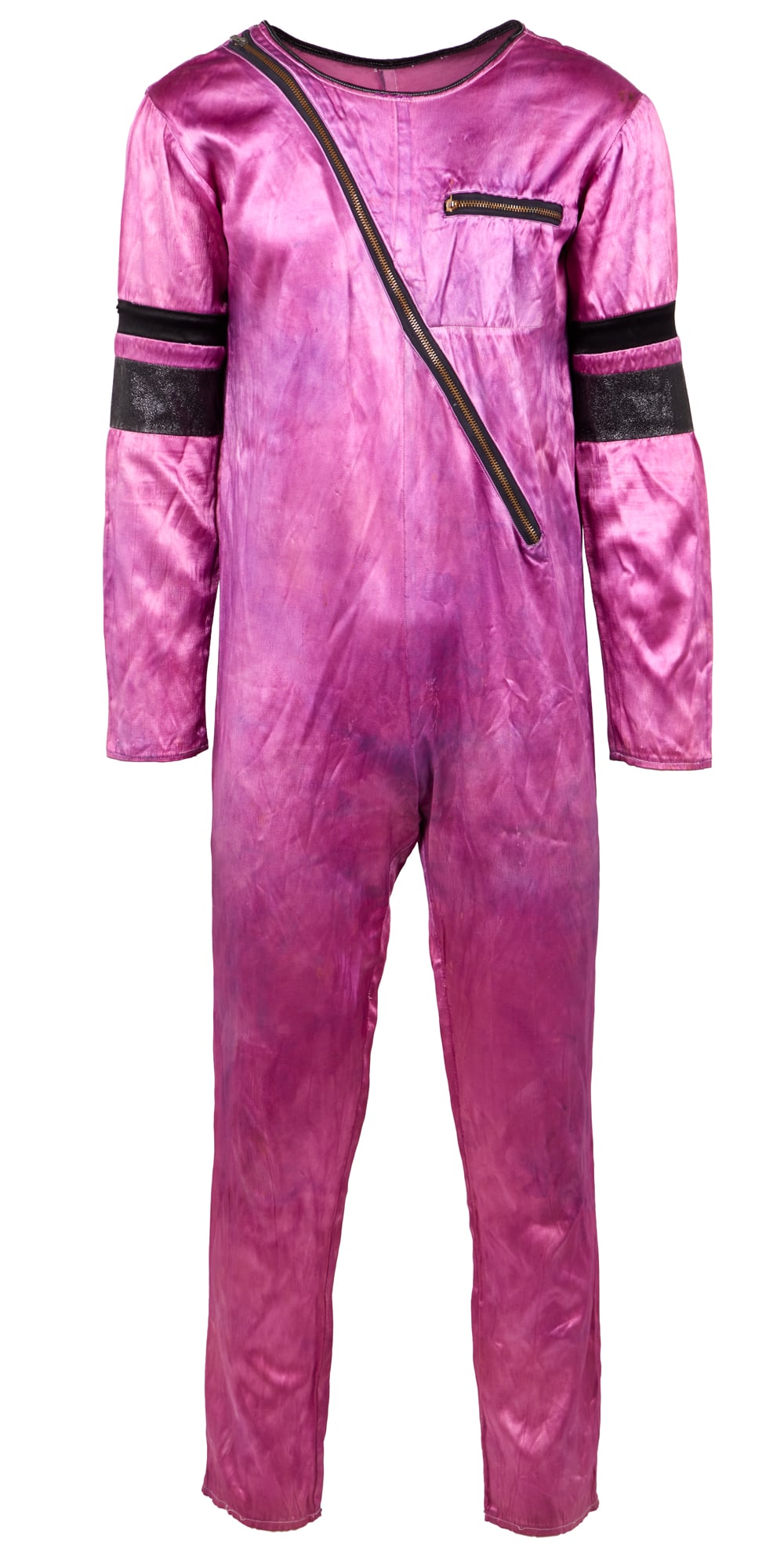 Ace Frehley | 1976 Photo-Worn Arthur Kane-Gifted Satin Jumpsuit with Magazine Clippings: A dyed magenta satin jumpsuit, worn by Ace Frehley in a series of photographs published in January of 1976. The jumpsuit (originally white) was gifted to Frehley by The New York Dolls bassist, Arthur 