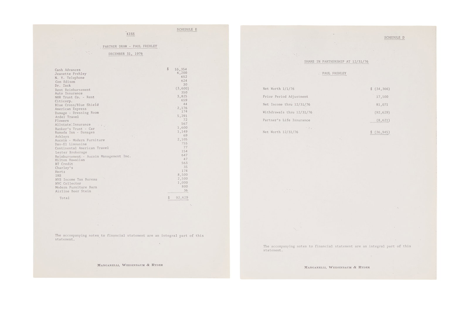 Ace Frehley | 1976 Financial Statements: Two vintage photocopies of Ace Frehley's financial statements, including: one dated December 31, 1976, titled "KISS - Partner Draw - Paul Frehley," listing various charges comprising a cash advance of