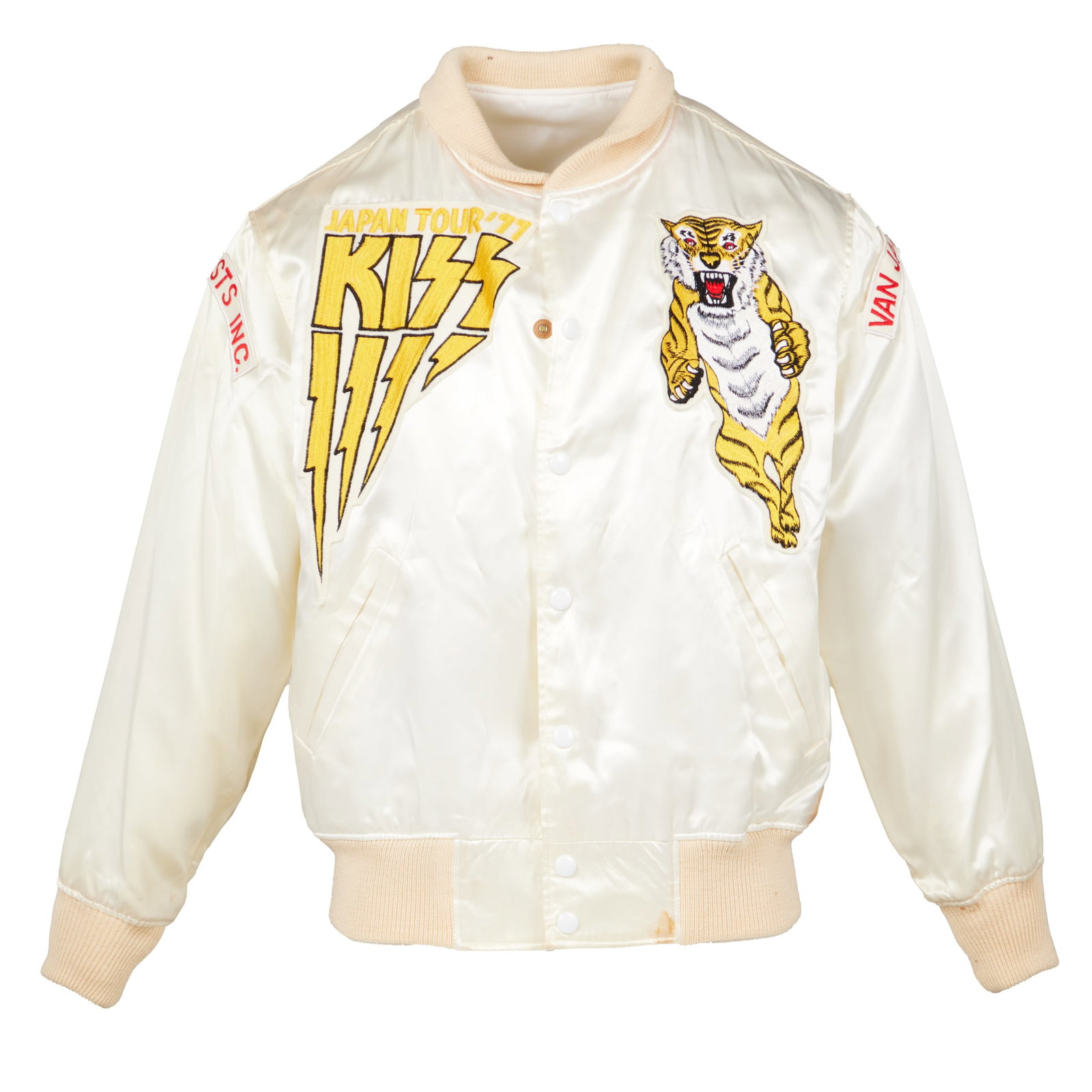 Ace Frehley | 1977 Japanese Bomber Jacket: A cream silk bomber jacket, personally owned and worn by Ace Frehley during the KISS 1977 "Rock & Roll Over" Tour, which began on November 24, 1976, and ended April 4, 1977. According to the