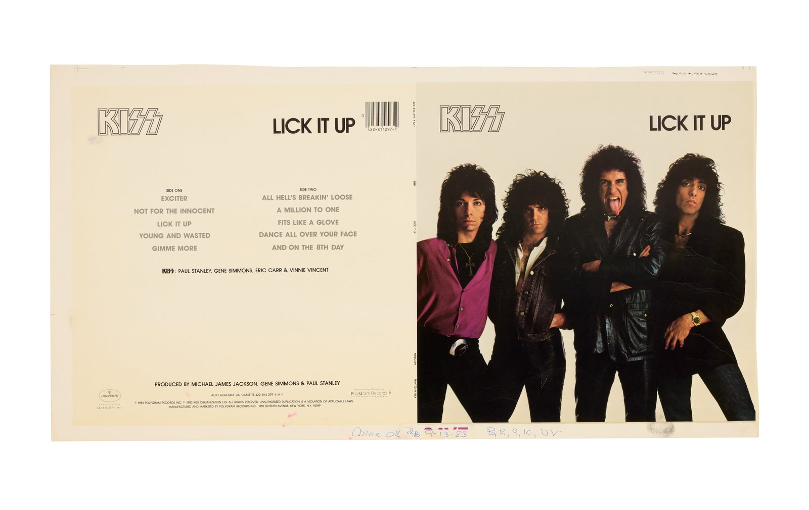 KISS | 1983 "Lick It Up" Album Cover Production Proof: A production proof sample of the cover for the 1983 KISS record album, Lick It Up, with notes in blue ink. Accompanied by a Letter of Authenticity.