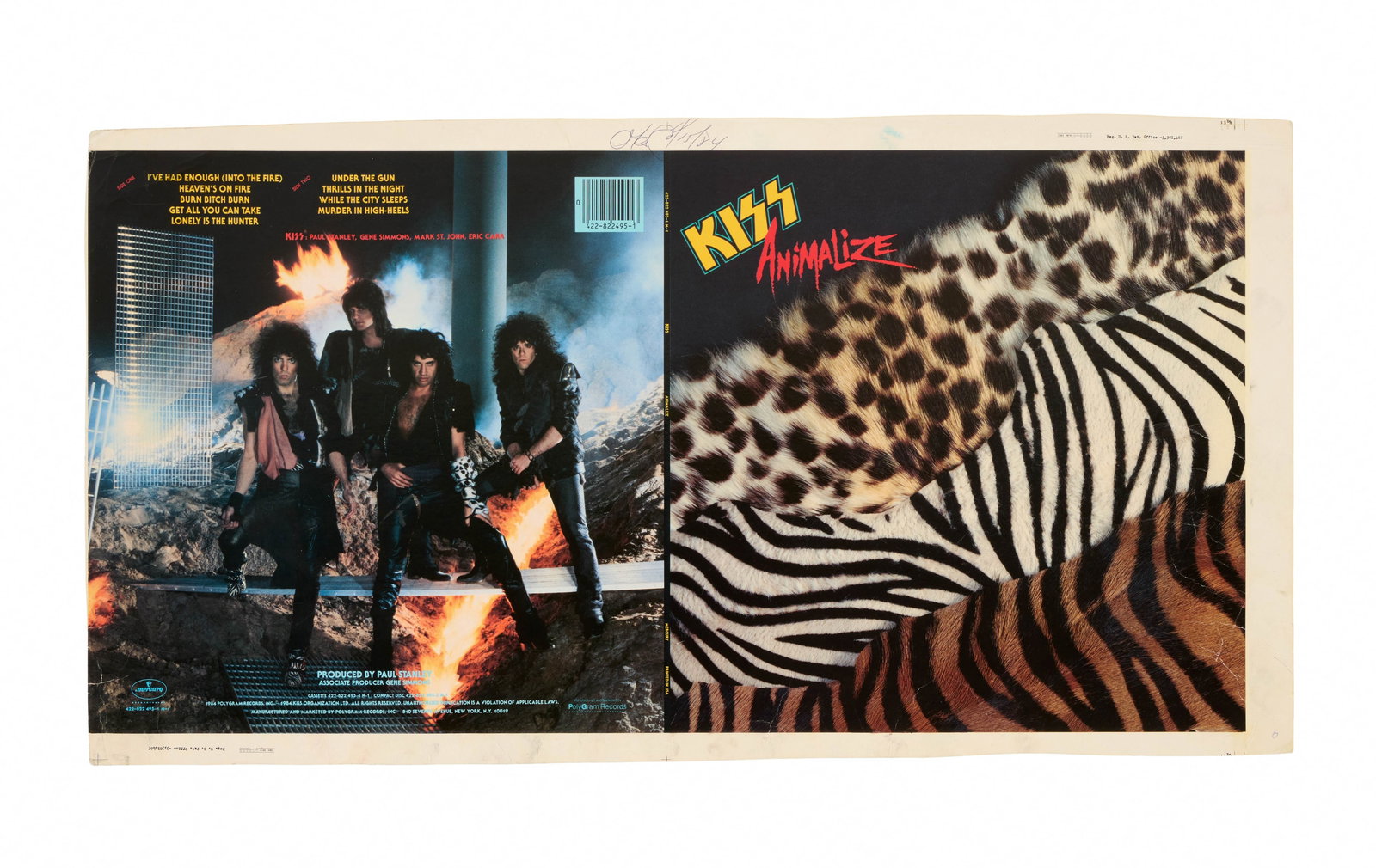 KISS | 1984 "Animalize" Album Cover Production Proof: A production proof sample of the cover for the 1984 KISS record album, Animalize, dated in black ink. Accompanied by a Letter of Authenticity.
