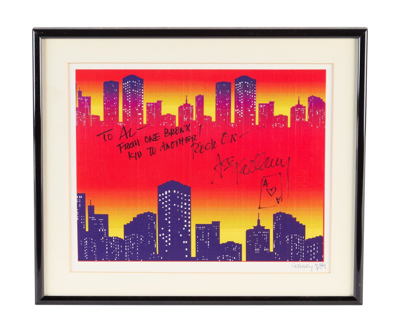 Ace Frehley | Signed Digital Art Print: A framed and matted art print featuring a colorful cityscape, signed and inscribed by Ace Frehley of KISS in black felt tip pen, "To Al - From One Bronx Kid To Another! Rock on - Ace Frehley." Marked 