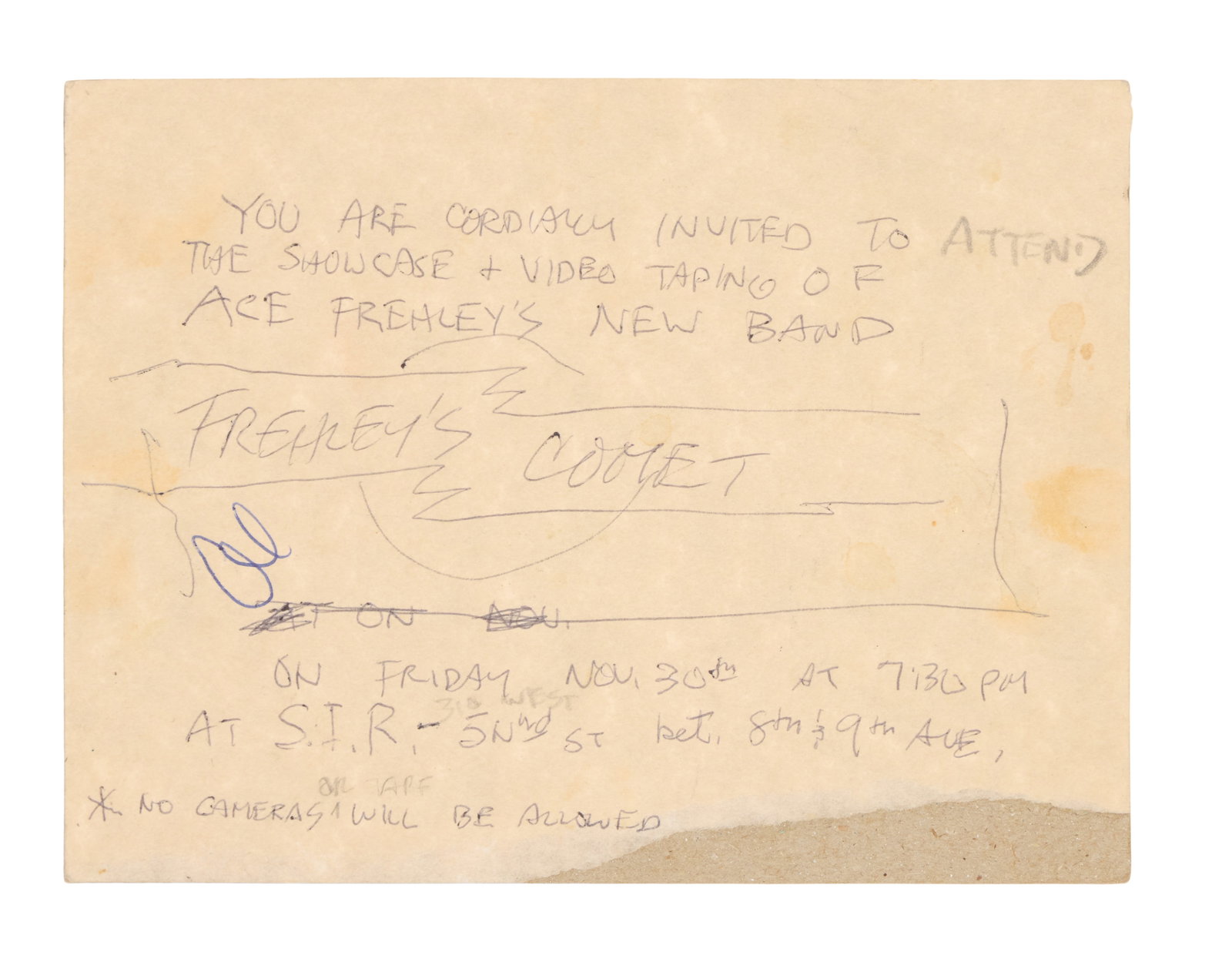 Ace Frehley | Handwritten 1988 "Frehley's Comet" Invitations (1 of 2)