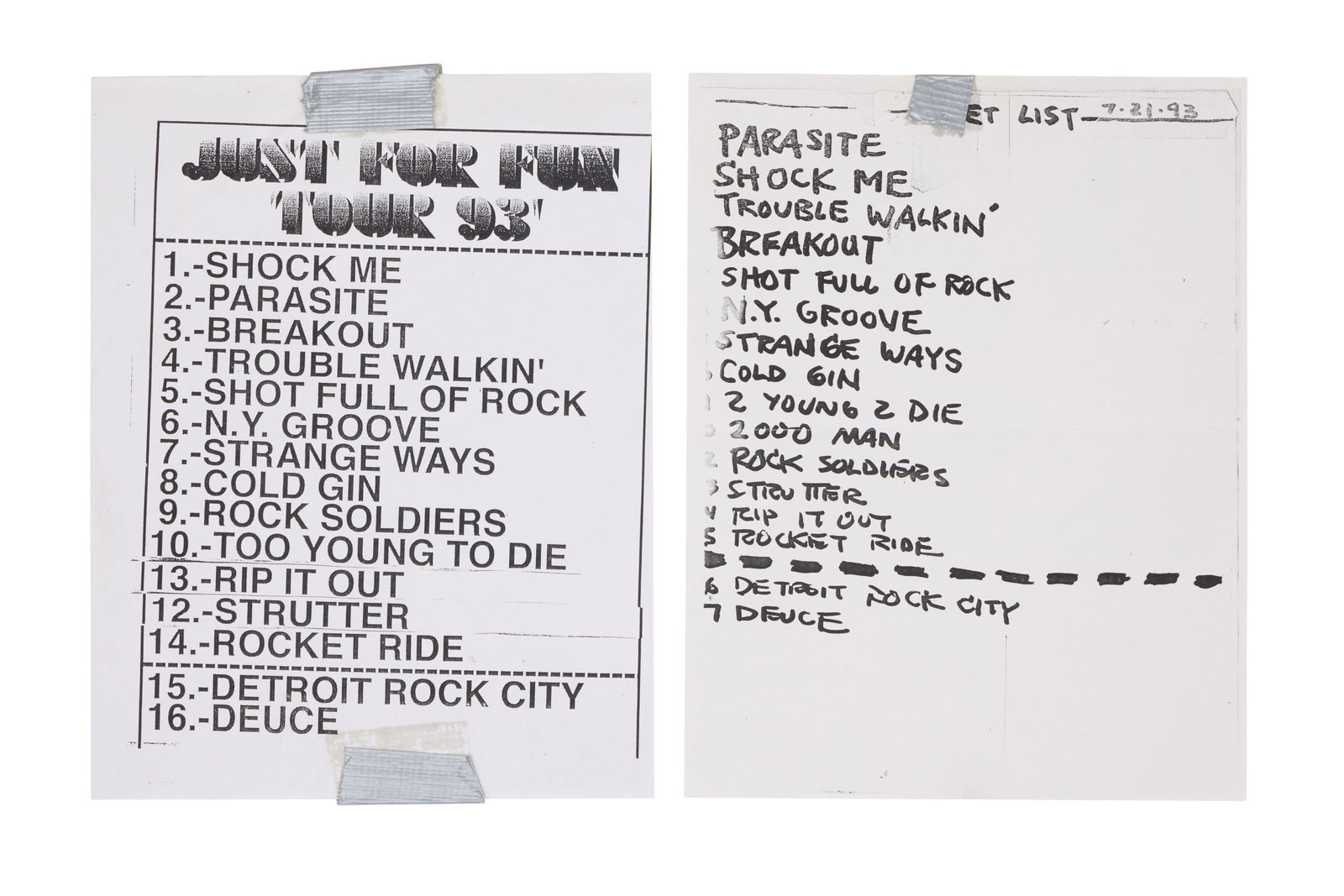 Ace Frehley | 1993 "Just For Fun" Tour Set Lists (1 of 2)