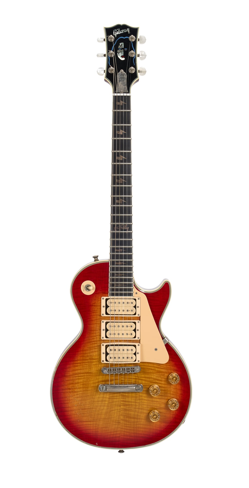 KISS | Ace Frehley Super Bowl XXXIII Stage Played Artist Proof #007 1997 Gibson Signature Les Paul: Ace Frehley's stage played cherry sunburst 1997 Gibson signature Les Paul Custom artist prototype, serial #AFS 007, which is the 7th of 12 such instruments delivered to Frehley by Gibson. It appears t