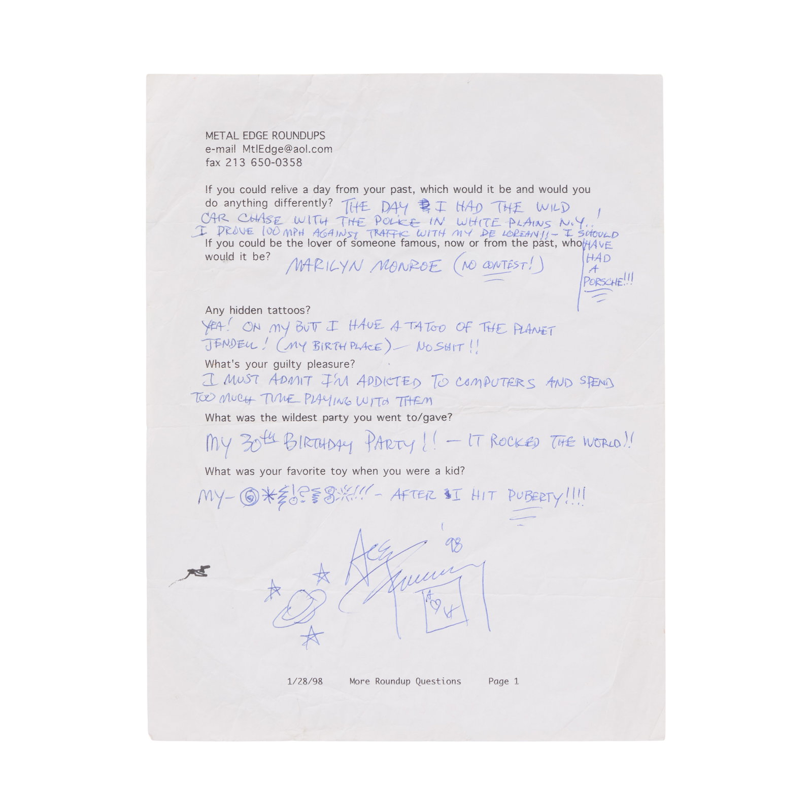 Ace Frehley | 1998 "Metal Edge" Magazine Handwritten Interview Questions (1 of 2)