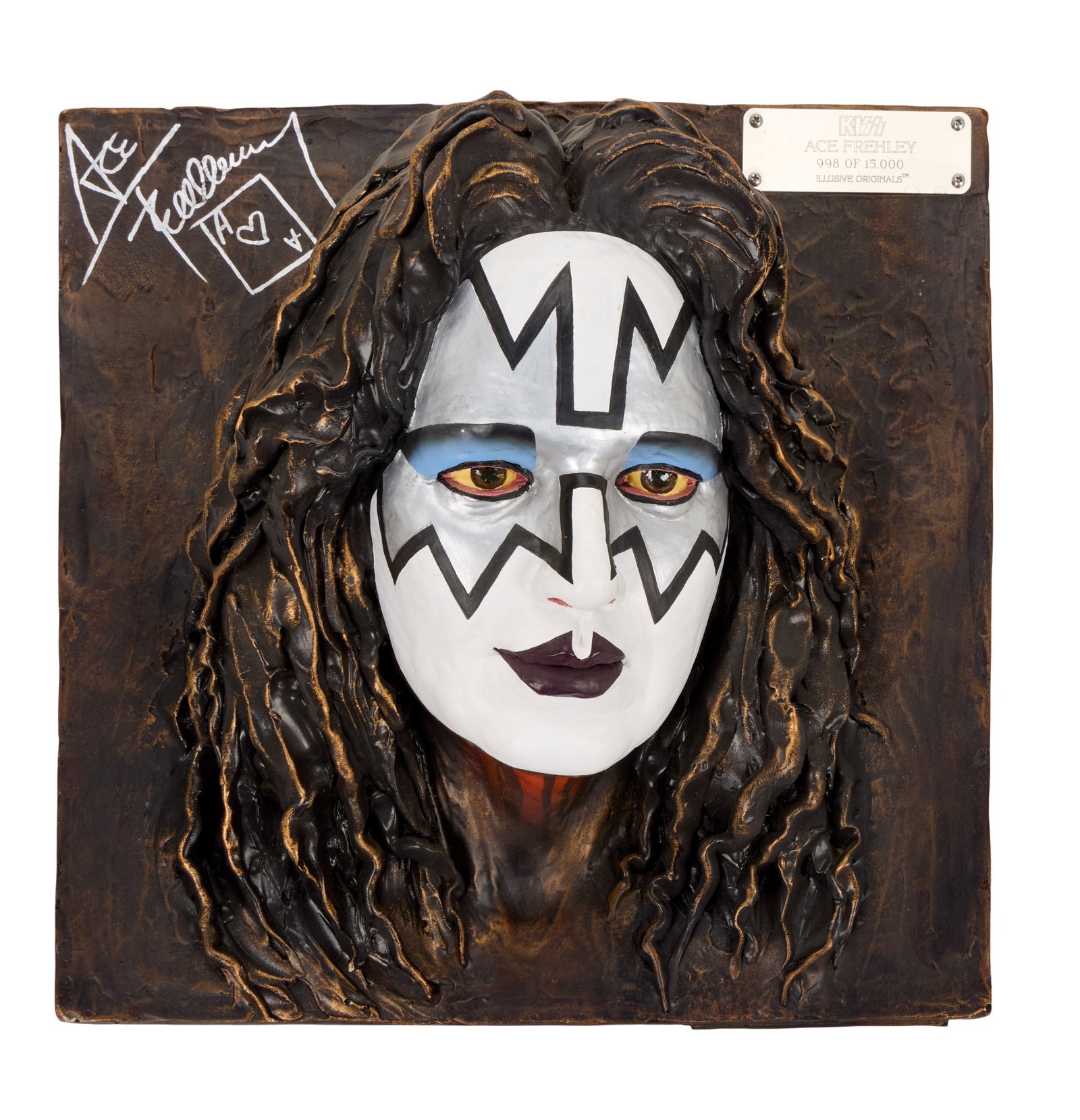 Ace Frehley | 2014 Signed Limited-Edition Bust: A wall-mounted relief bust of Ace Frehley by Illusive Originals with limitation number 998/15,000. The front is signed in silver marker by Frehley, and the verso is signed and dedicated by the 