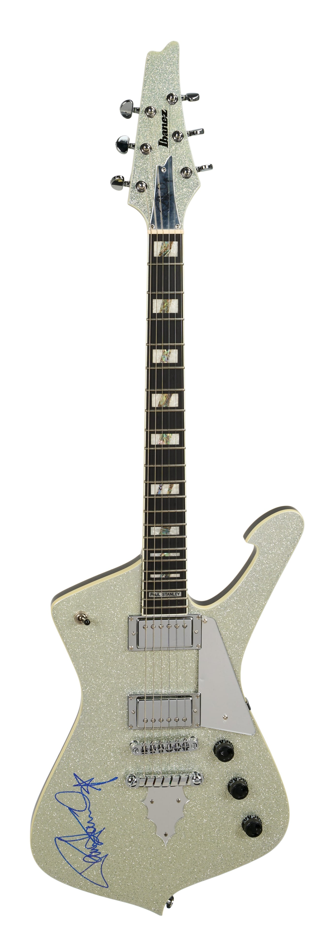 KISS | Paul Stanley Signed Ibanez PS60 Signature Model Electric Guitar, Silver Sparkle: An Ibanez PS60 Paul Stanley signature model electric guitar, serial #4L160700205, in silver sparkle finish and signed in blue felt tip pen by Paul Stanley, lead singer of legendary rock band KISS. &nb