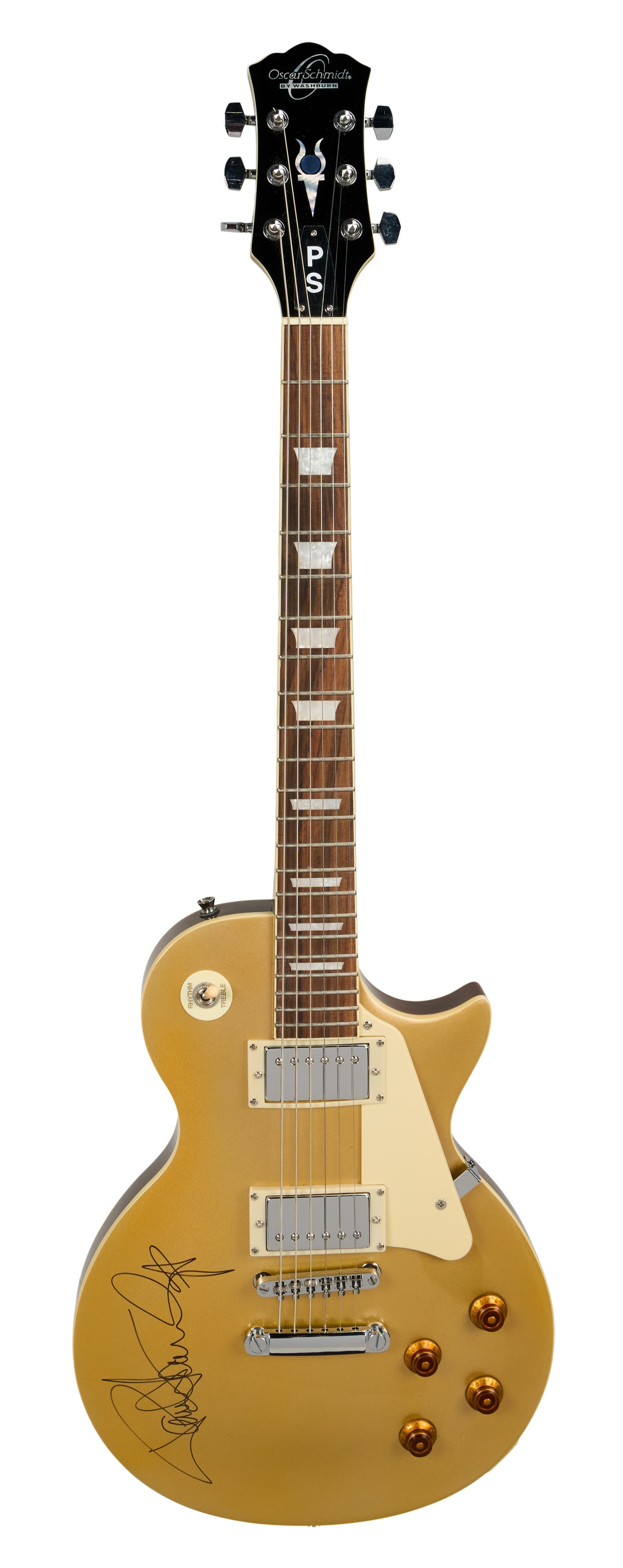 KISS | Paul Stanley Signed Oscar Schmidt Goldtop Electric Guitar: An Oscar Schmidt OE20G goldtop electric guitar, serial #S15070392, signed by Paul Stanley of KISS fame on the top in black felt tip pen. This guitar has the initials PS affixed to the truss rod cover 