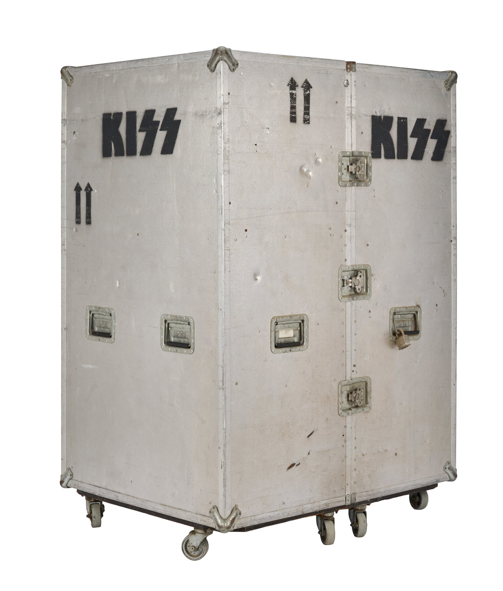KISS | Original KISS Touring Wardrobe Case: A large silver rolling wardrobe case from the KISS Reunion Tour, previously sold as part of KISS: The Auction held by Butterfield's on June 24th-25th, 2000. The case is covered in textured metal panel