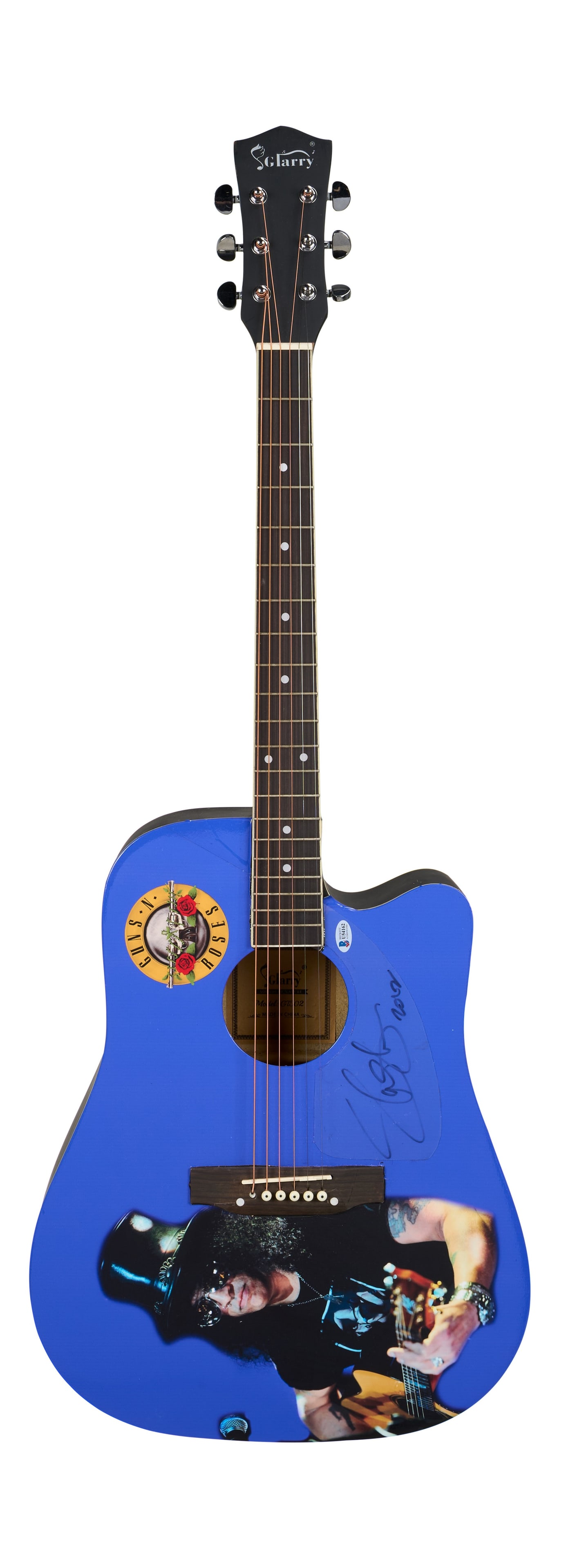 Slash | Signed Glarry Guitar with Slash Graphic Top: A Glarry GT502 acoustic guitar signed by Guns N Roses guitarist Slash on the top in black felt tip pen. The guitar has a graphic sticker applied to the top featuring a Guns N Roses logo and Slash's